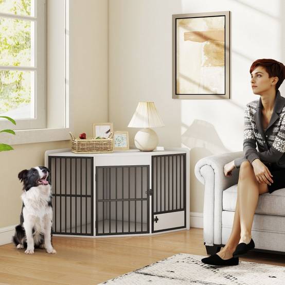 Cage pour chien intérieur angle 113 x 80 x 64 cm MDF et acier blanc - PANGIVO - Image 2