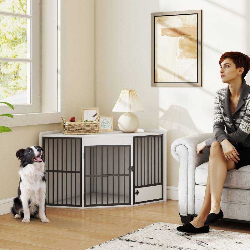 Cage pour chien intérieur angle 113 x 80 x 64 cm MDF et acier blanc - PANGIVO - Image 2