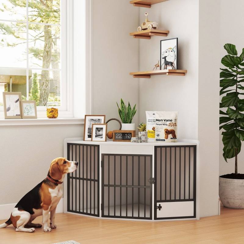 Cage pour chien intérieur angle 113 x 80 x 64 cm MDF et acier blanc - PANGIVO - Image 8