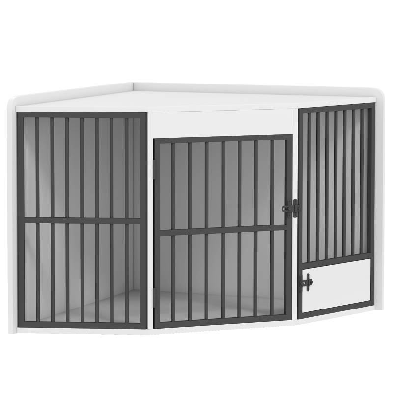 Cage pour chien intérieur angle 113 x 80 x 64 cm MDF et acier blanc - PANGIVO - Image 1
