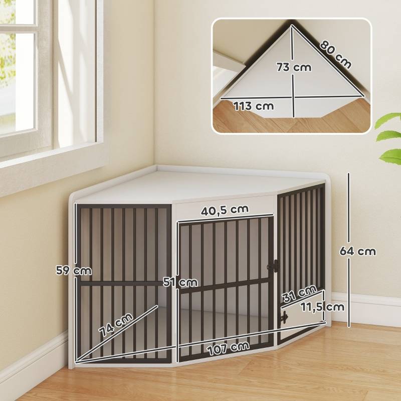 Cage pour chien intérieur angle 113 x 80 x 64 cm MDF et acier blanc - PANGIVO - Image 3