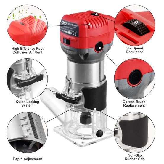 Affleureuse Électrique 710W 13000-33000 RPM Avec Housse anti Poussière, Affleureuse à Bois Avec 15 Fraises Queue de 1/4", 6 Vitesses Variables, Base - Image 4