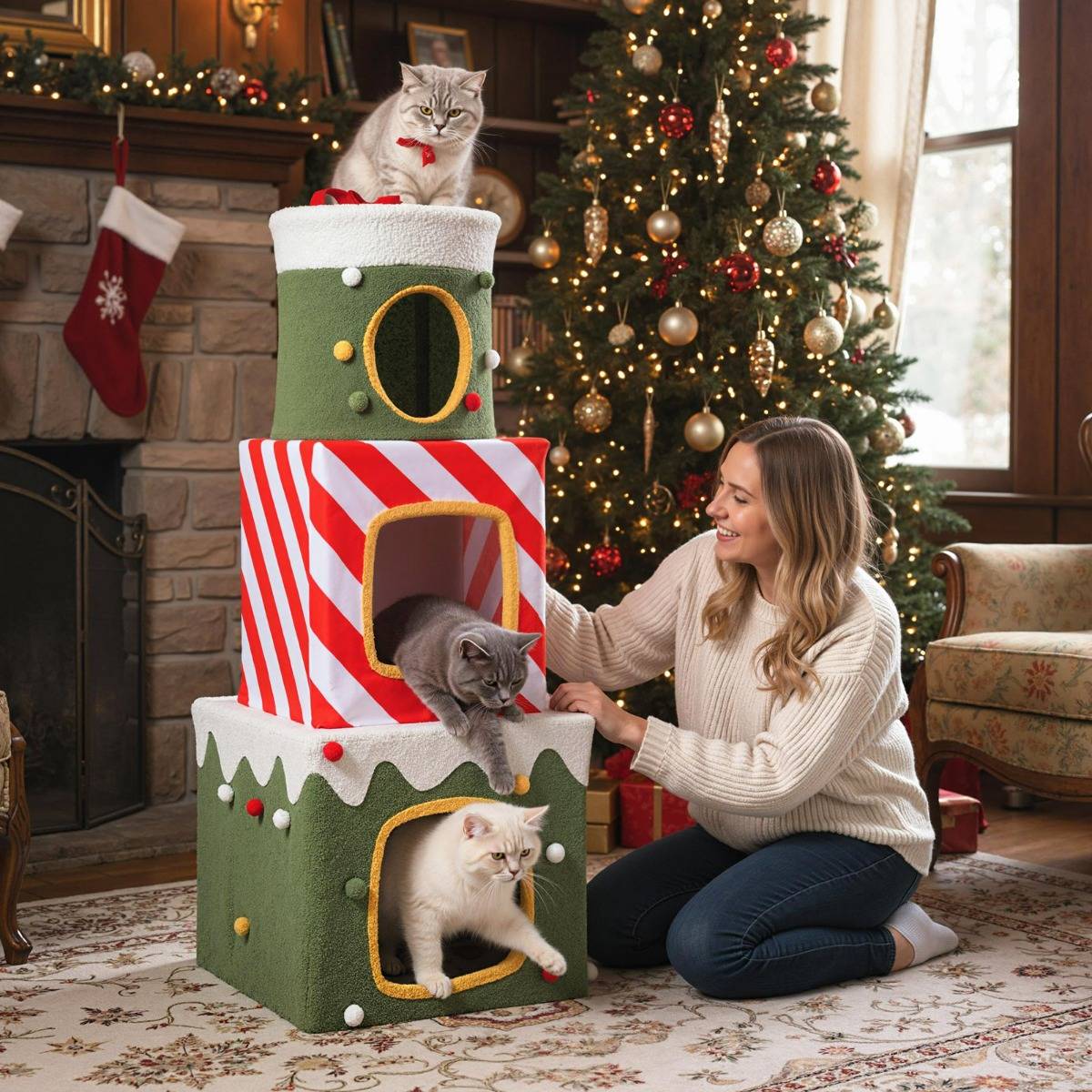 Maison Chic - Arbre à Chat de Noël pour Chats Meuble d'Escalade pour Chats Mignon de 120cm avec 3 Condos & Caver - Image 4