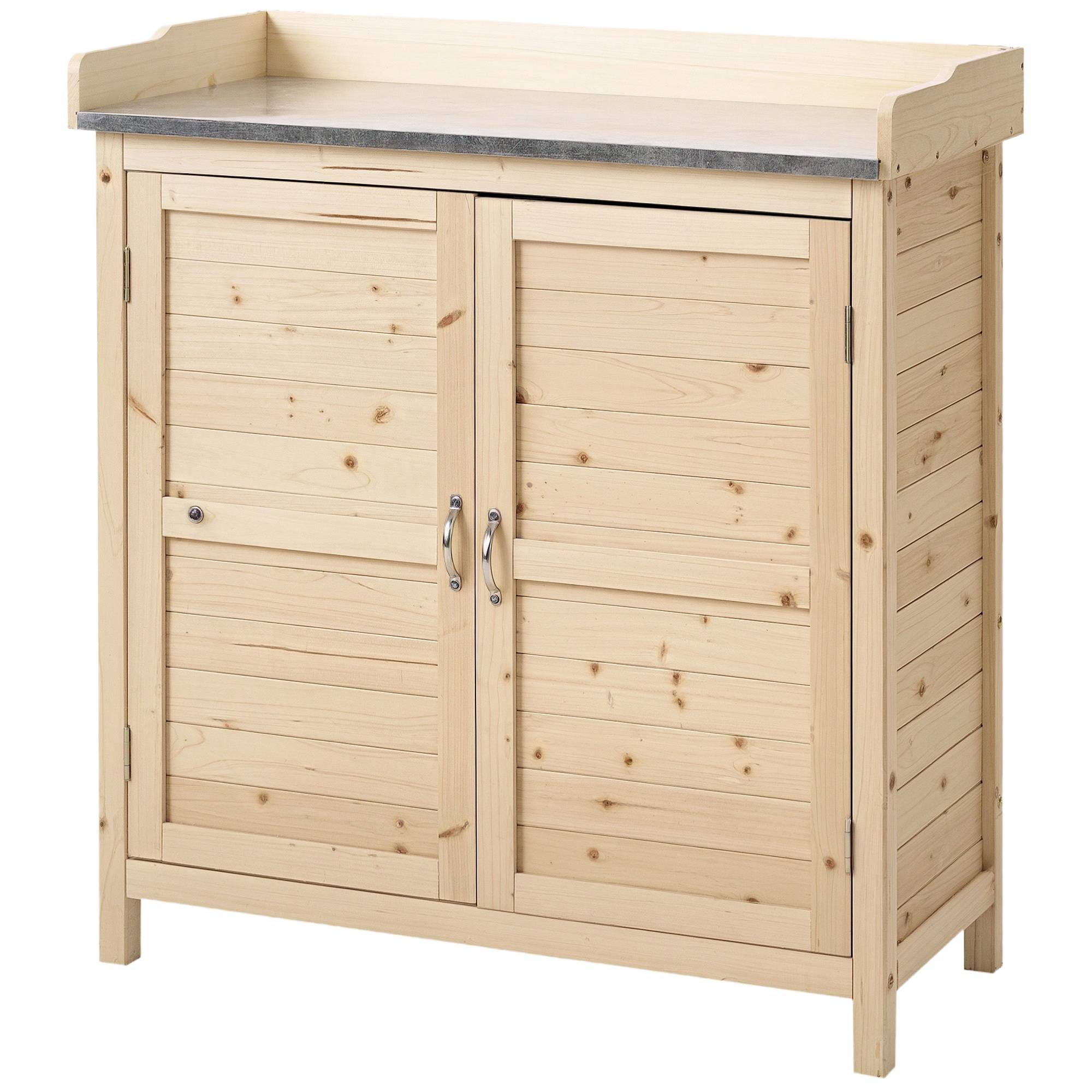 Armoire jardin 2 compartiments, plan métal avec rebord, bois naturel, 83x40x92 cm - Image 1