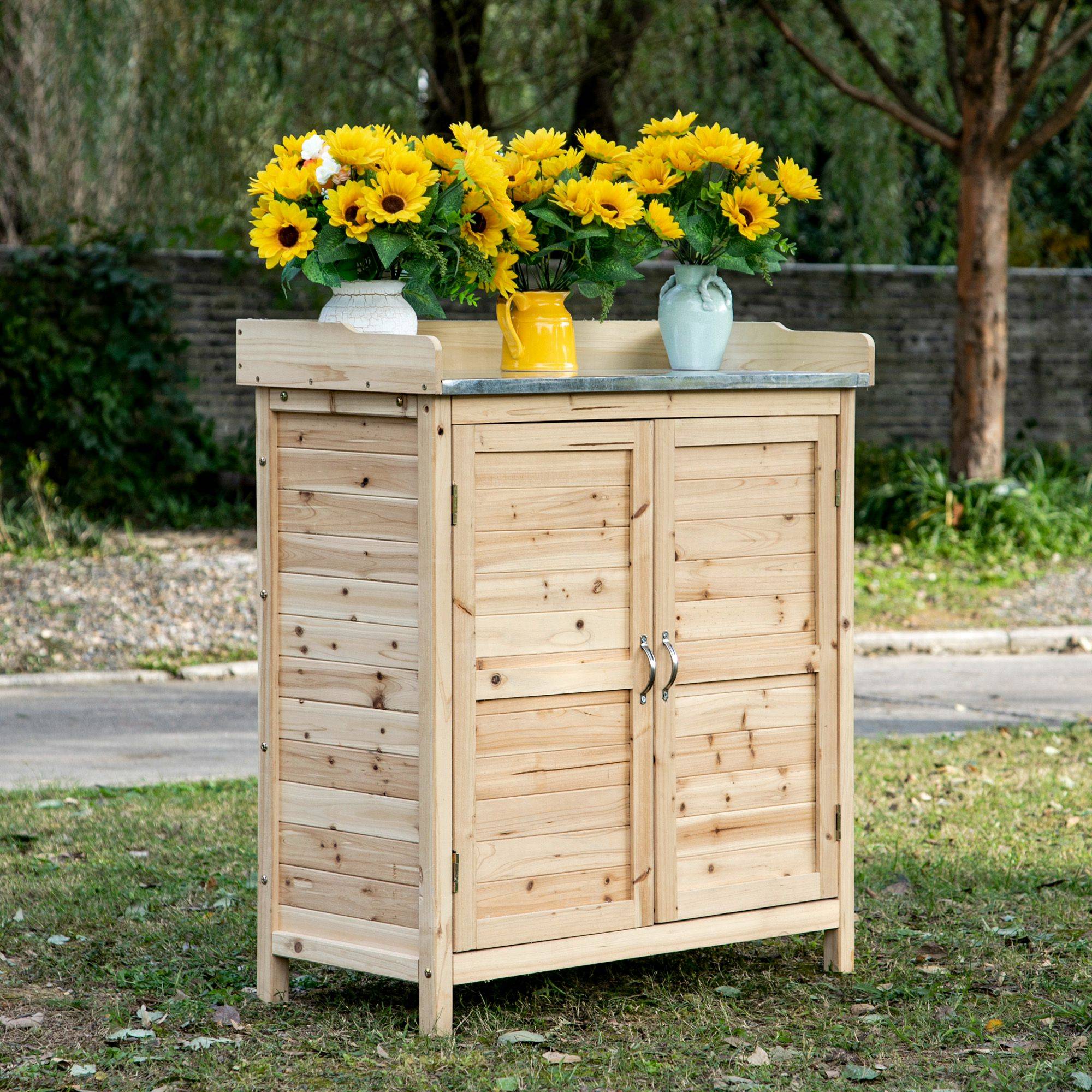 Armoire jardin 2 compartiments, plan métal avec rebord, bois naturel, 83x40x92 cm - Image 4
