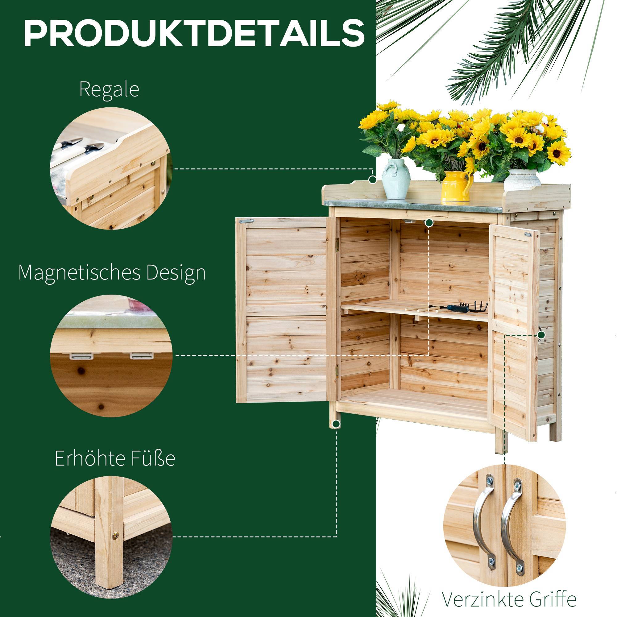 Armoire jardin 2 compartiments, plan métal avec rebord, bois naturel, 83x40x92 cm - Image 7