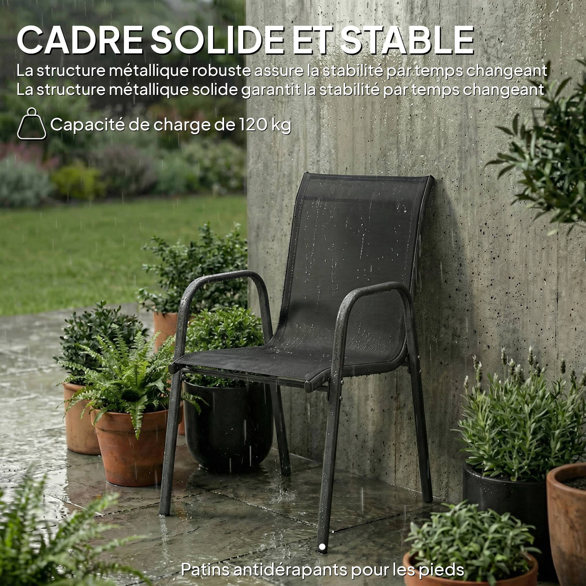Outsunny - Lot de 4 Chaises de Jardin Extérieures Empilables - Accoudoirs et Dossier Haut - Cadre en Métal - 51x69x87cm - Noir - Outsunny - Image 4