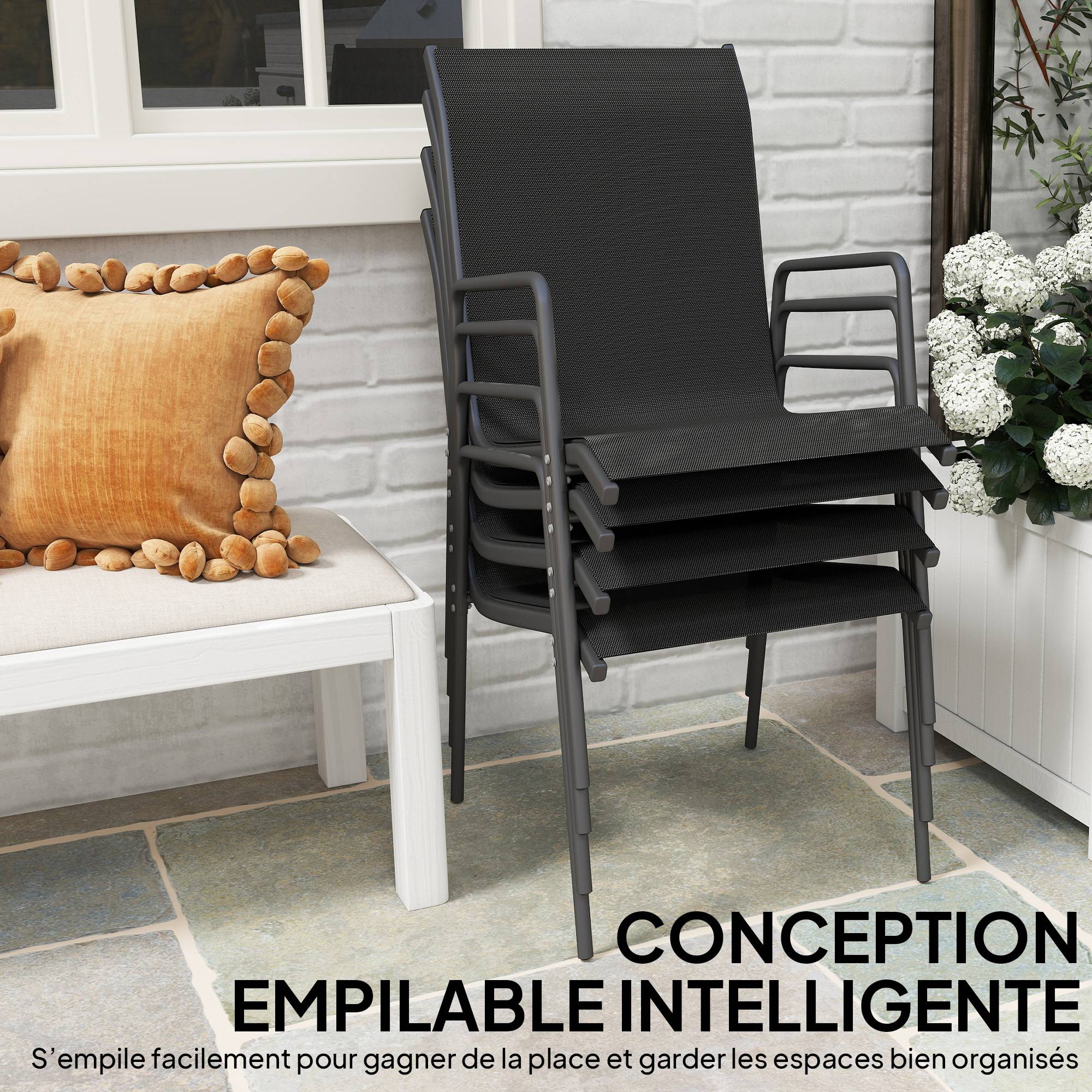 Outsunny - Lot de 4 Chaises de Jardin Extérieures Empilables - Accoudoirs et Dossier Haut - Cadre en Métal - 51x69x87cm - Noir - Outsunny - Image 6