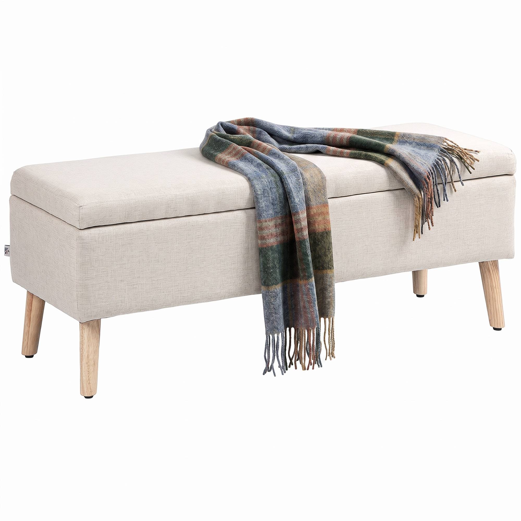 Banc coffre rangement rembourré aspect lin pour chambre à coucher, entrée, salon, charge 220 Kg, 110 x 39 x 45 cm, beige