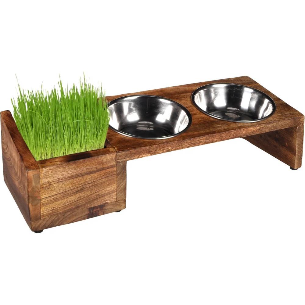 Gamelles avec support bois et bac pour herbe à chat, 42 cm, pour chat - Image 1
