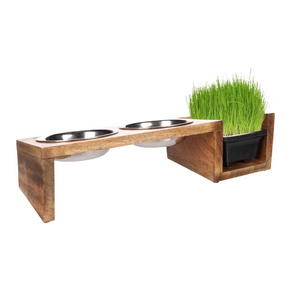 Gamelles avec support bois et bac pour herbe à chat, 42 cm, pour chat - Imagen 2