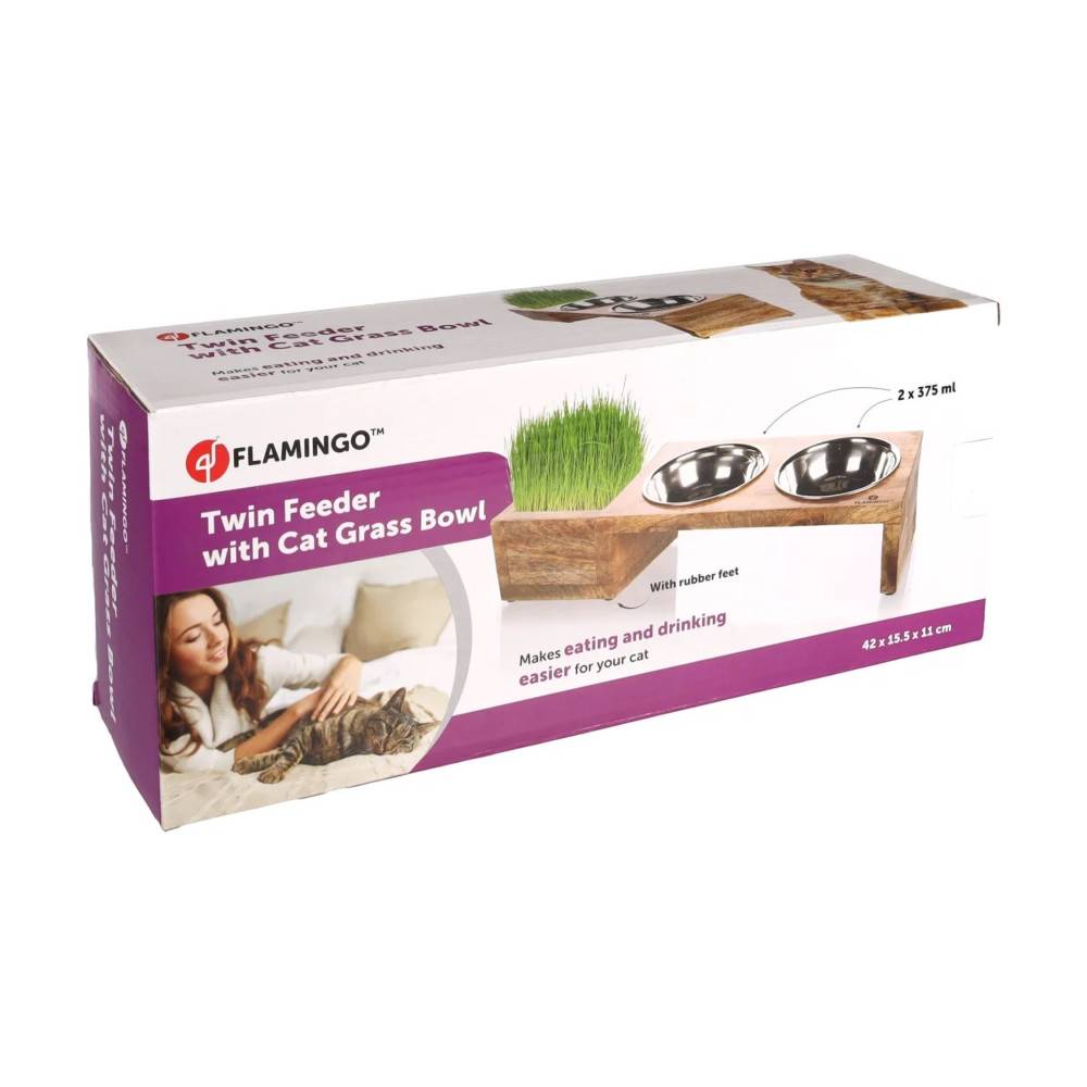 Gamelles avec support bois et bac pour herbe à chat, 42 cm, pour chat - Image 5