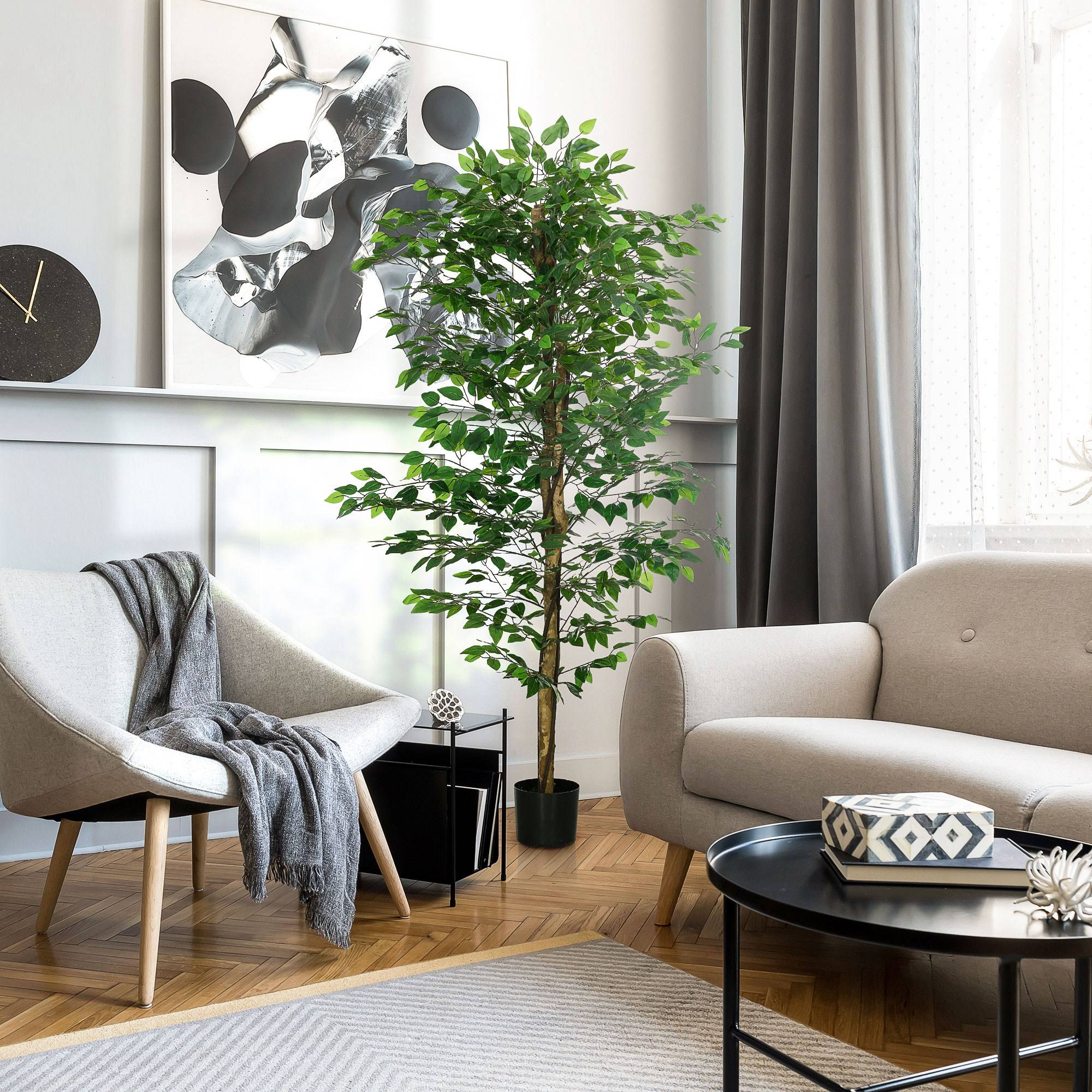 Plante artificielle ficus hauteur 1,80 m tronc branches liane lichen feuilles grand réalisme pot inclus vert - Image 4