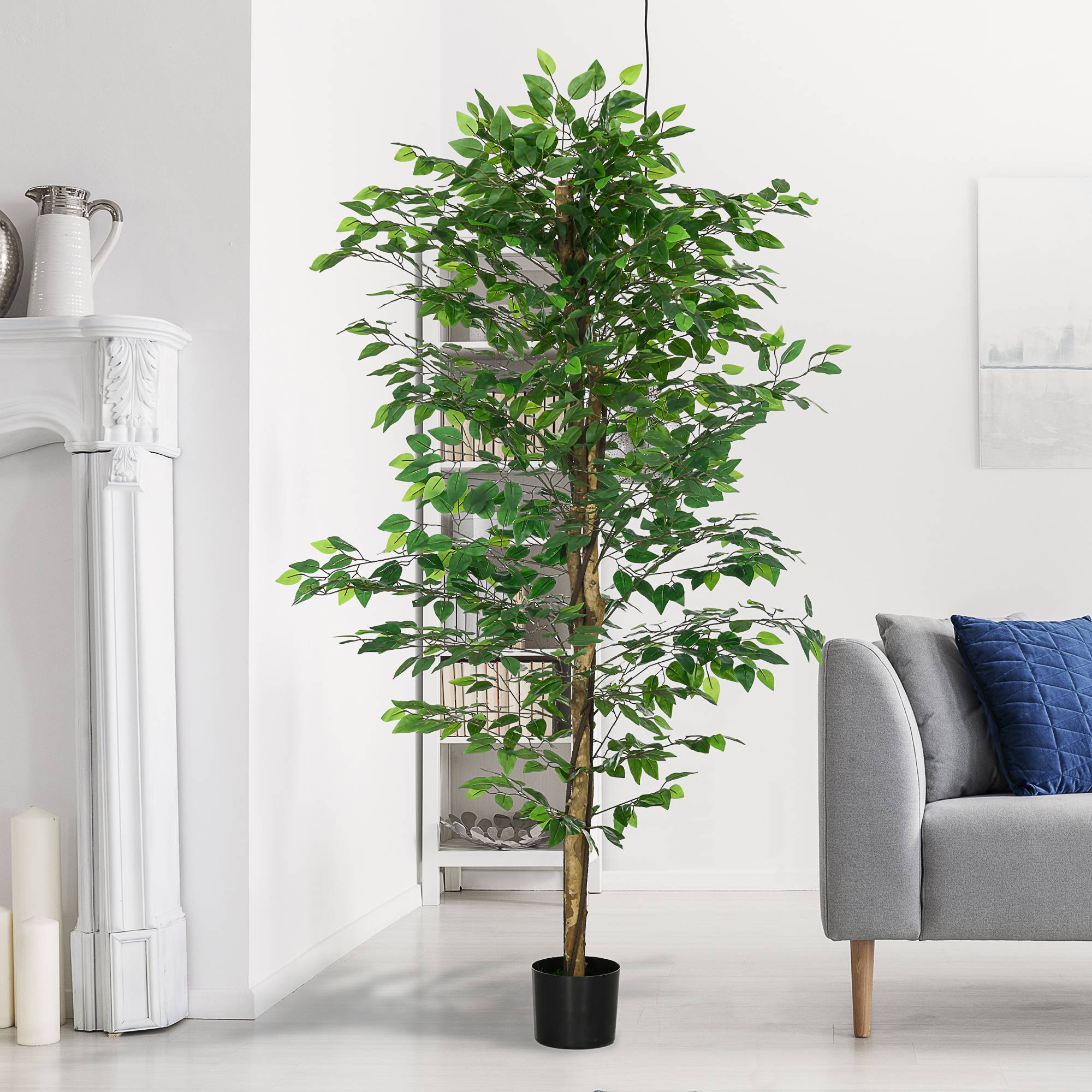 Plante artificielle ficus hauteur 1,80 m tronc branches liane lichen feuilles grand réalisme pot inclus vert - Image 8