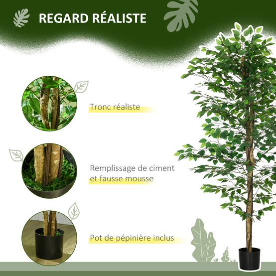 Plante artificielle ficus hauteur 1,80 m tronc branches liane lichen feuilles grand réalisme pot inclus vert - Image 6