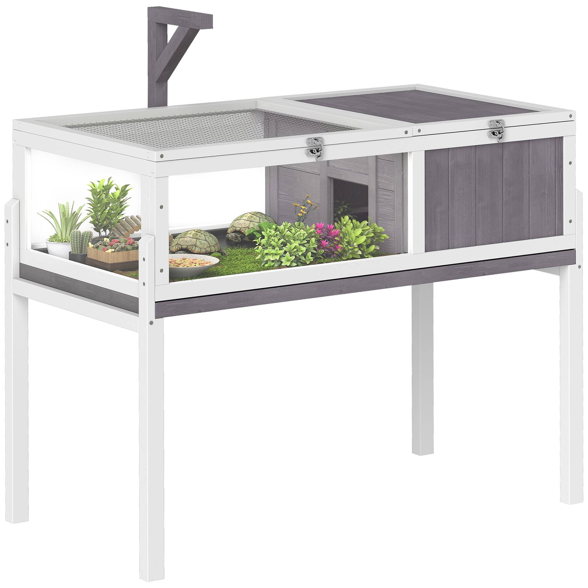 Maison/enclos en bois pour tortues avec maison principale, fenêtre d'observation et couvercle, 104 cm x 53 cm x 82 cm, blanc et gris. - Image 1
