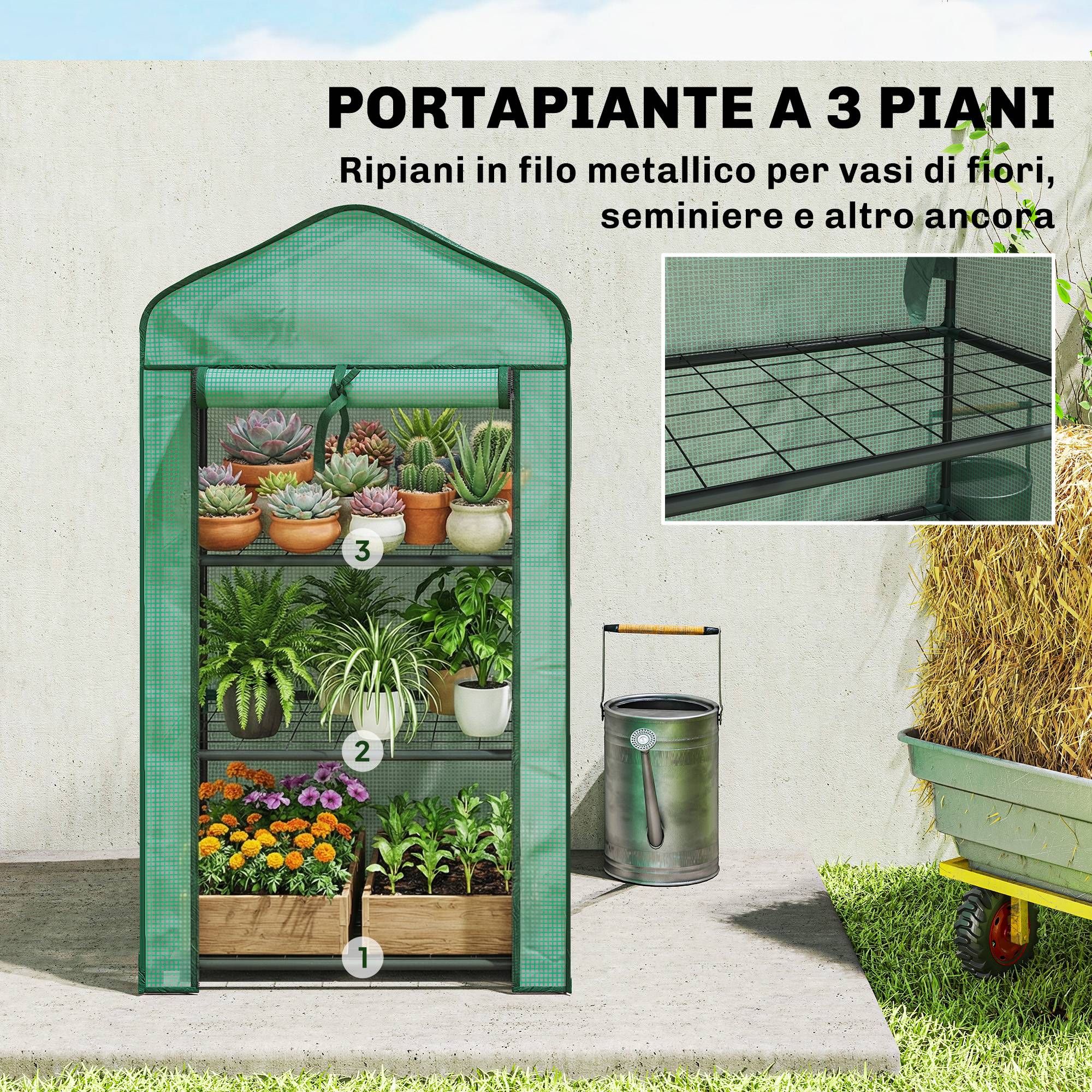 Mini serre jardin couverture PE, 3 étagères et porte enroulable, 59x39x127 cm, verte - Image 7