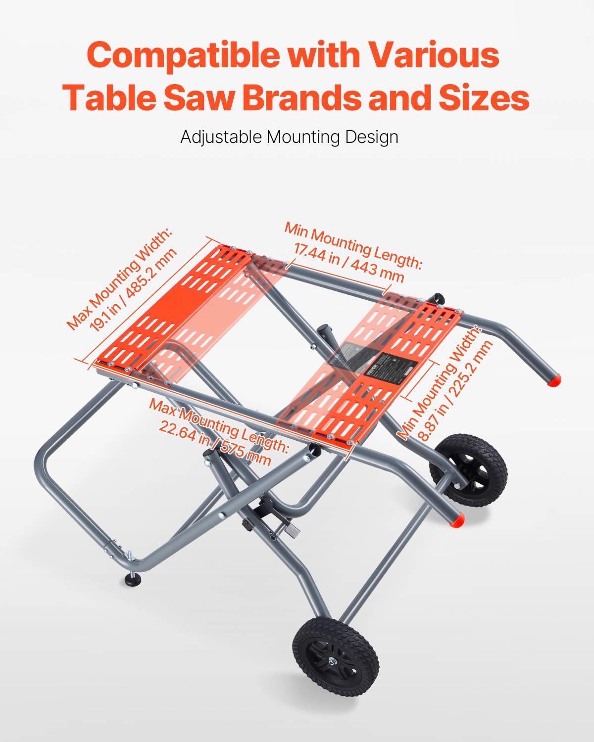 VEVOR Support pliable scie table, roues caoutchouc 203 mm, charge 158,76 kg. - Image 2