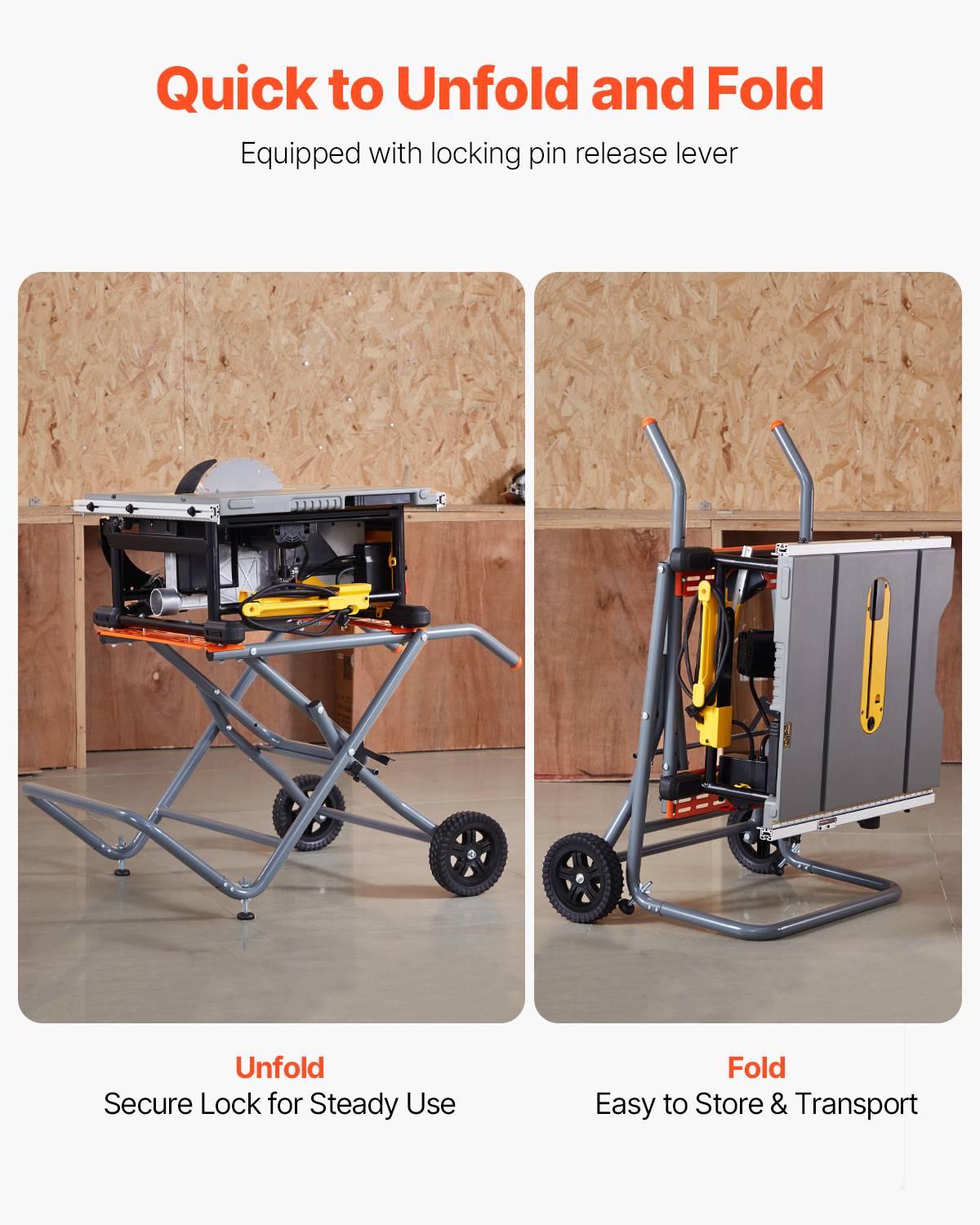 VEVOR Support pliable scie table, roues caoutchouc 203 mm, charge 158,76 kg. - Image 4