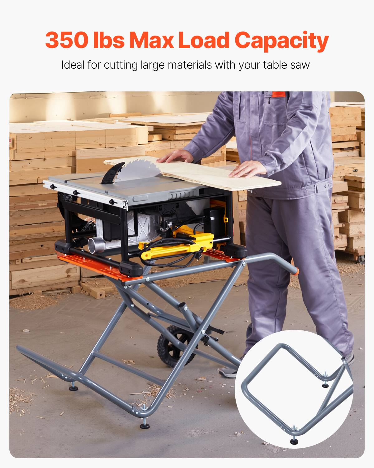 VEVOR Support pliable scie table, roues caoutchouc 203 mm, charge 158,76 kg. - Image 5