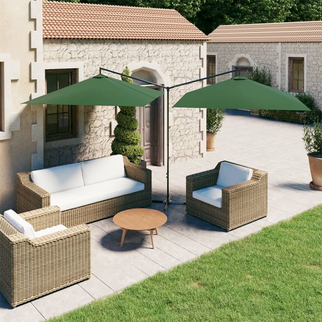 Parasol de jardin double avec mât en acier vert, 600 x 290 x 260 cm - PANGIVO - Image 1