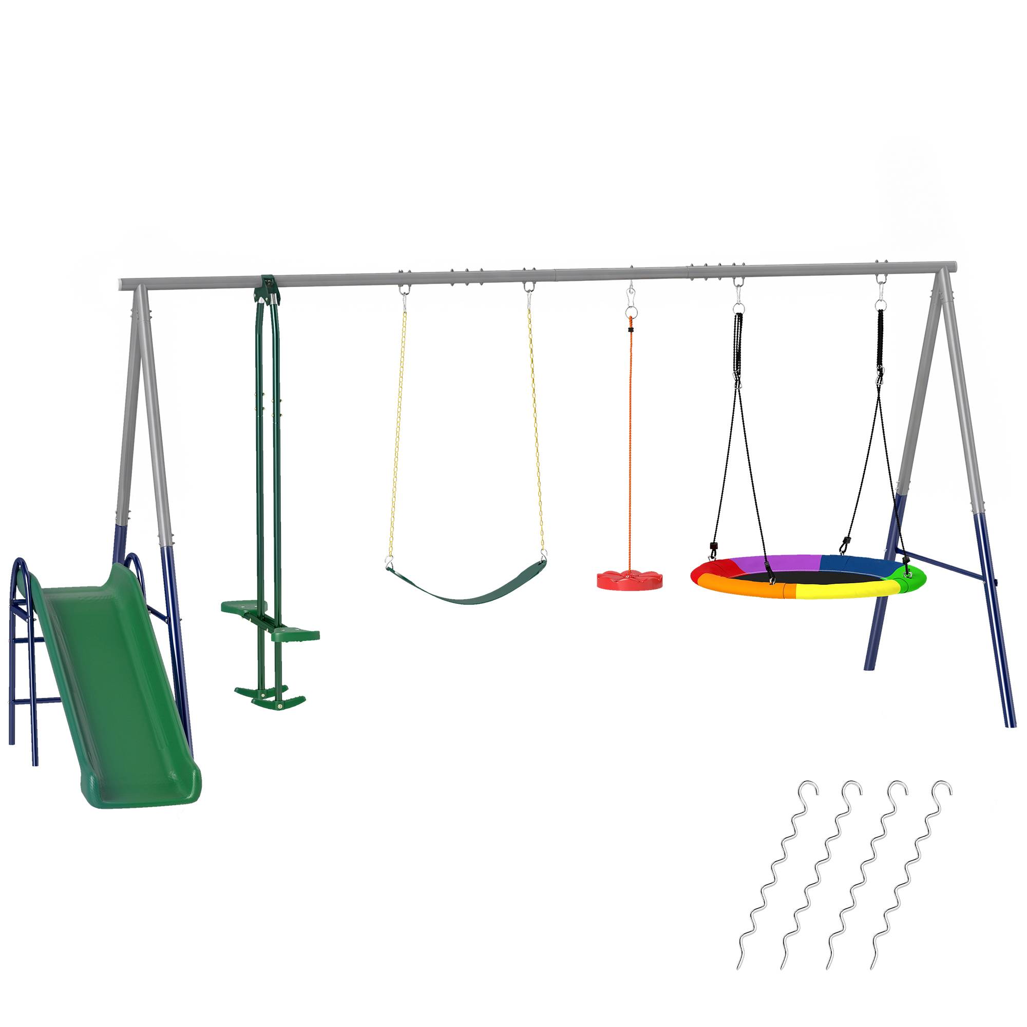 Portique 5-en-1 avec toboggan et balançoire nid, hauteur ajustable, 382×196×203 cm, multicolore, grande aire de jeu - Image 10