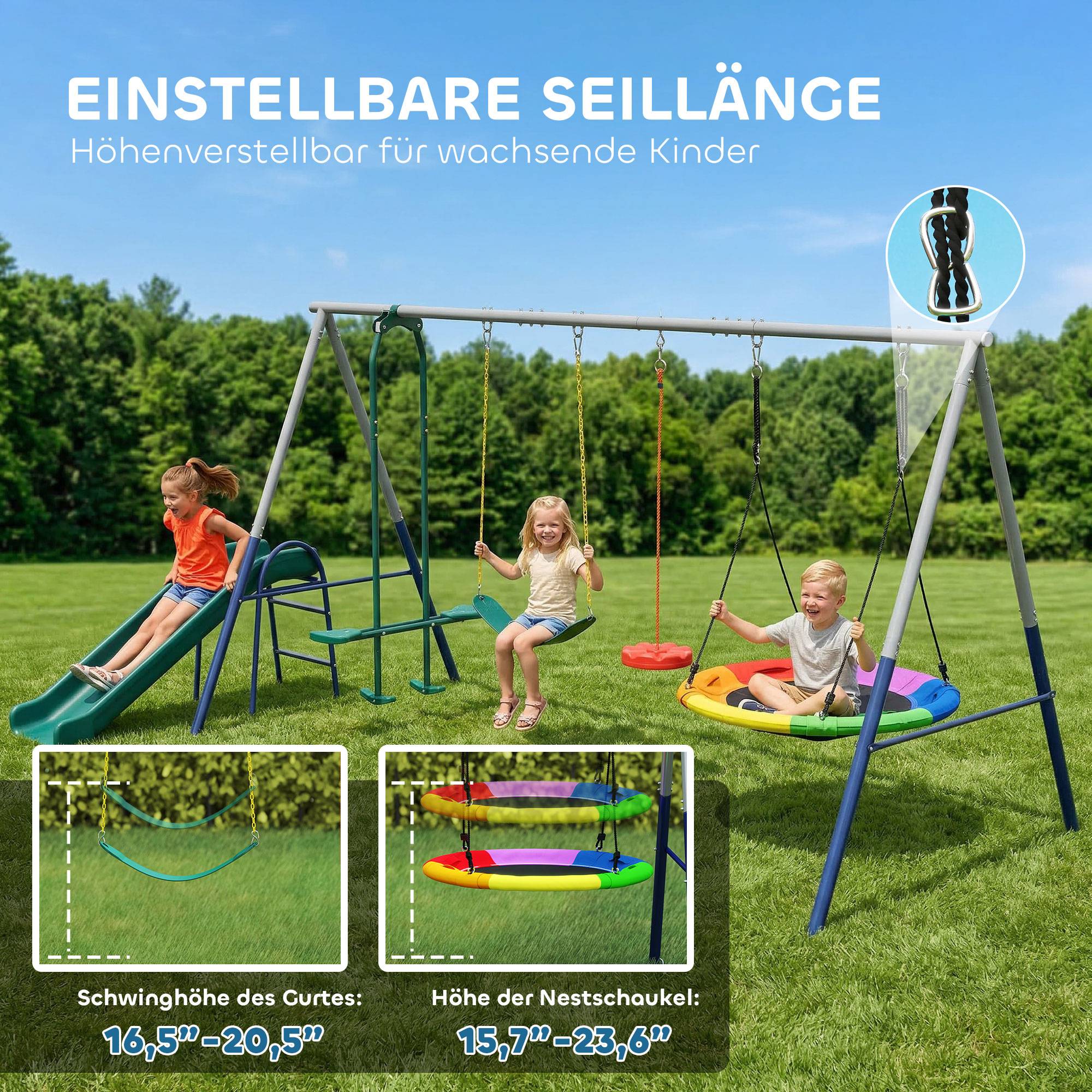 Portique 5-en-1 avec toboggan et balançoire nid, hauteur ajustable, 382×196×203 cm, multicolore, grande aire de jeu - Image 6