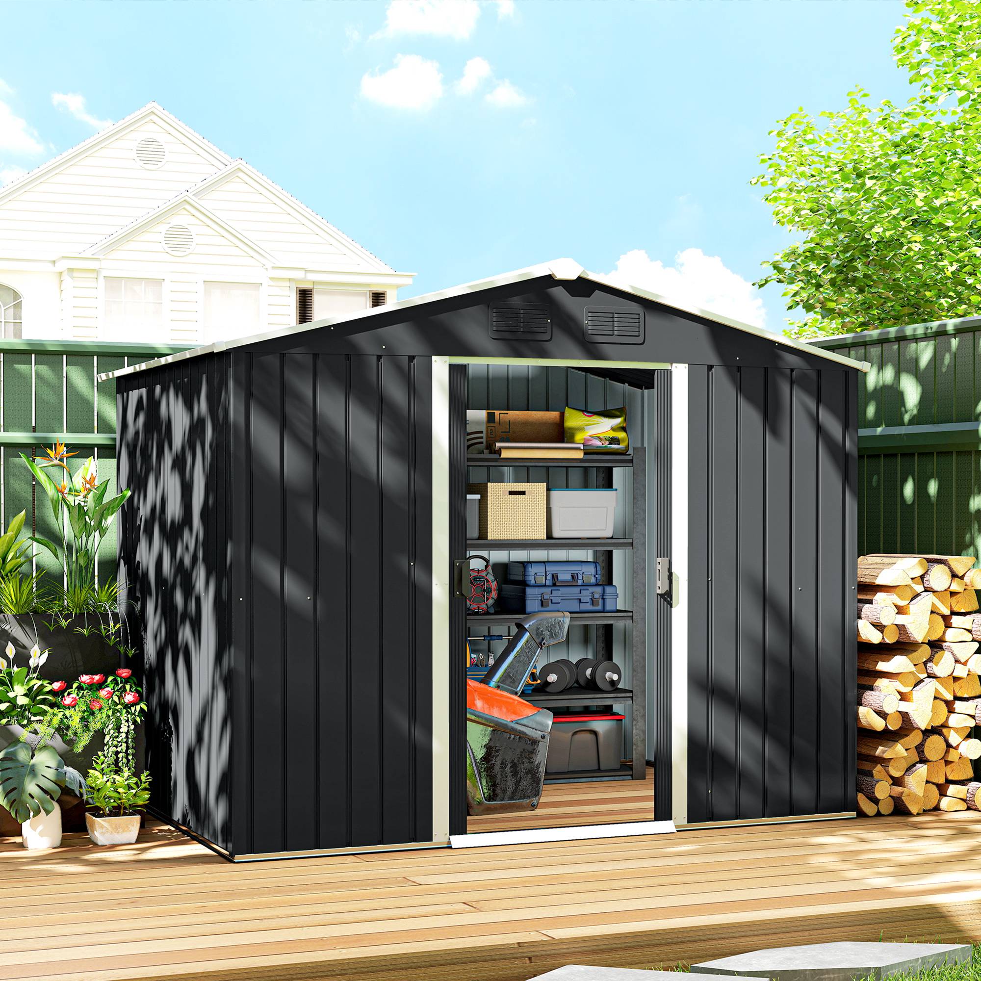 Sans Marque - Abri jardin acier galvanisé 3,6m² aérations toit pente double porte coulissante 236x174x190 cm gris foncé - Image 3