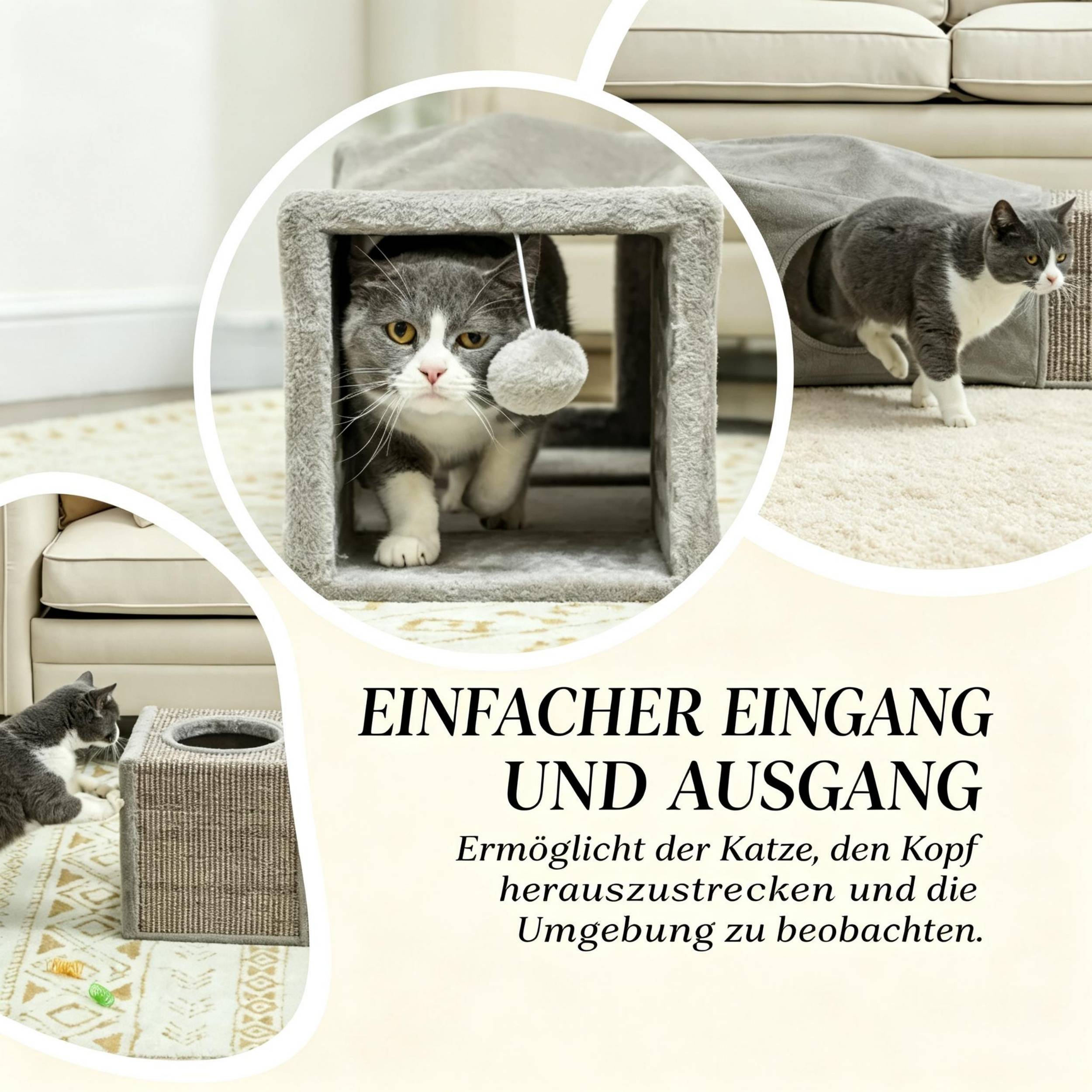 ComfortXL - Tunnel pour chat sisal et peluche 98 x 30 x 30 cm gris multi-entrées niches de repos et balle suspendue - Image 8