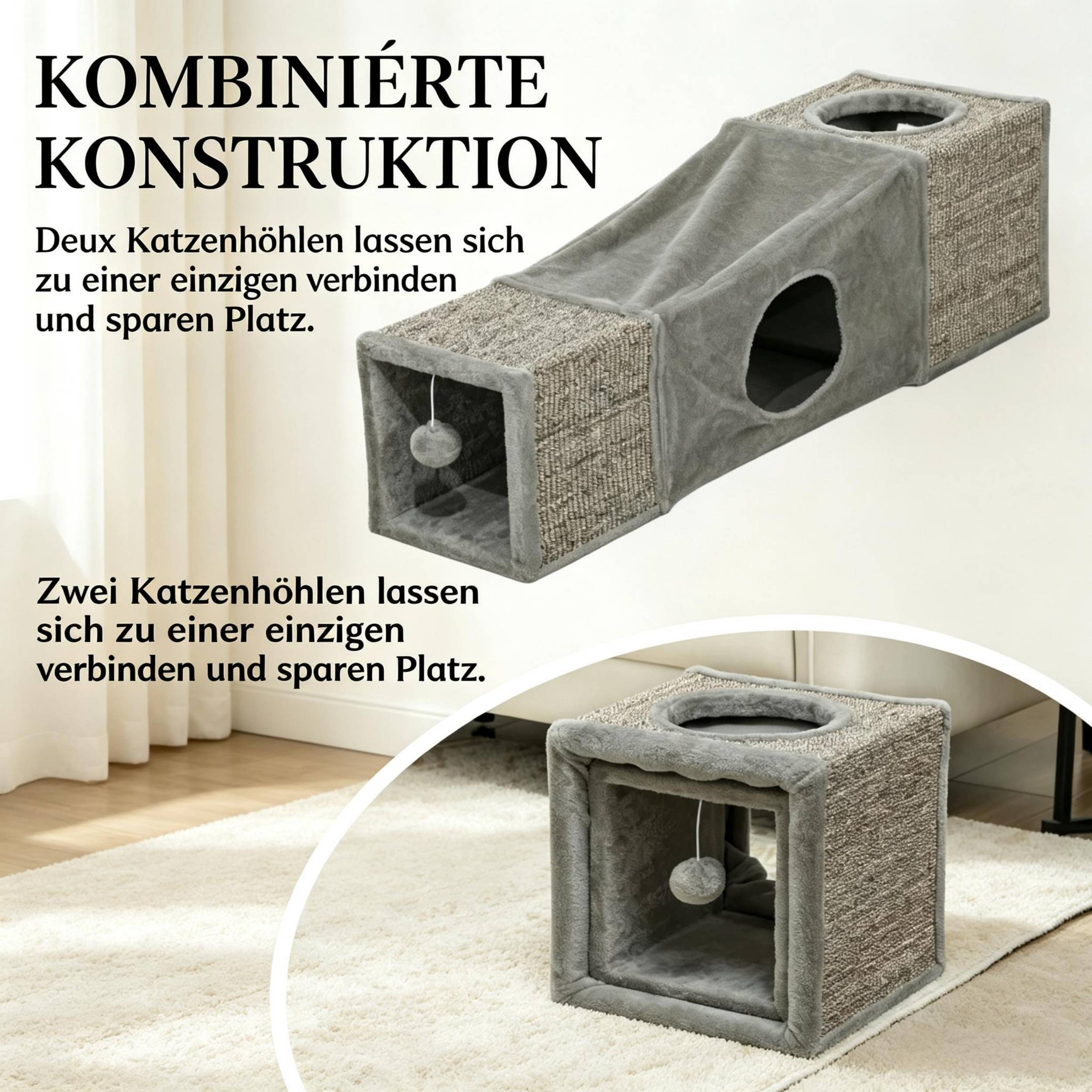ComfortXL - Tunnel pour chat sisal et peluche 98 x 30 x 30 cm gris multi-entrées niches de repos et balle suspendue - Image 5