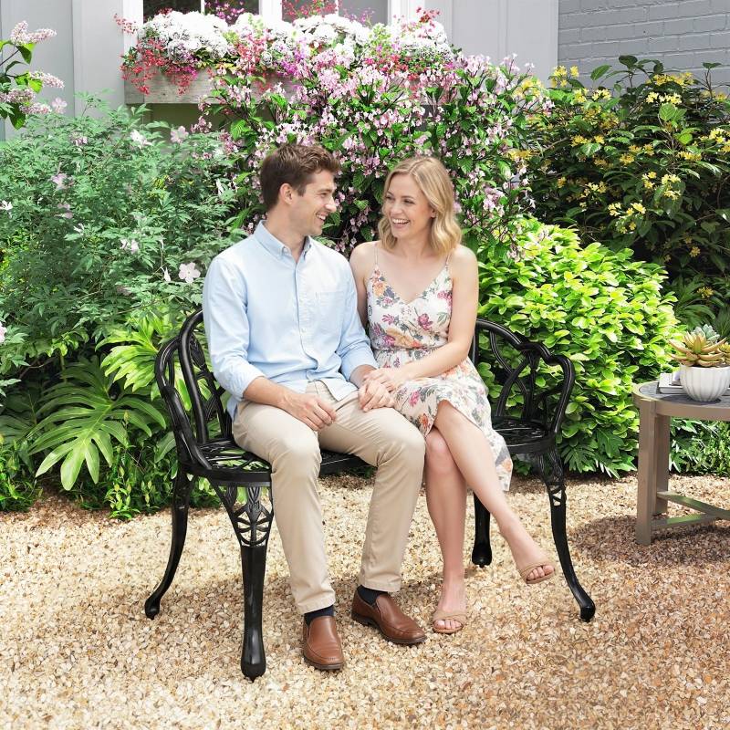 ComfortXL - Banc de jardin 2 places fonte aluminium terrasse extérieur motif tulipe anti-rouille 99cm noir - ComfortXL Outdoor Living - Image 7