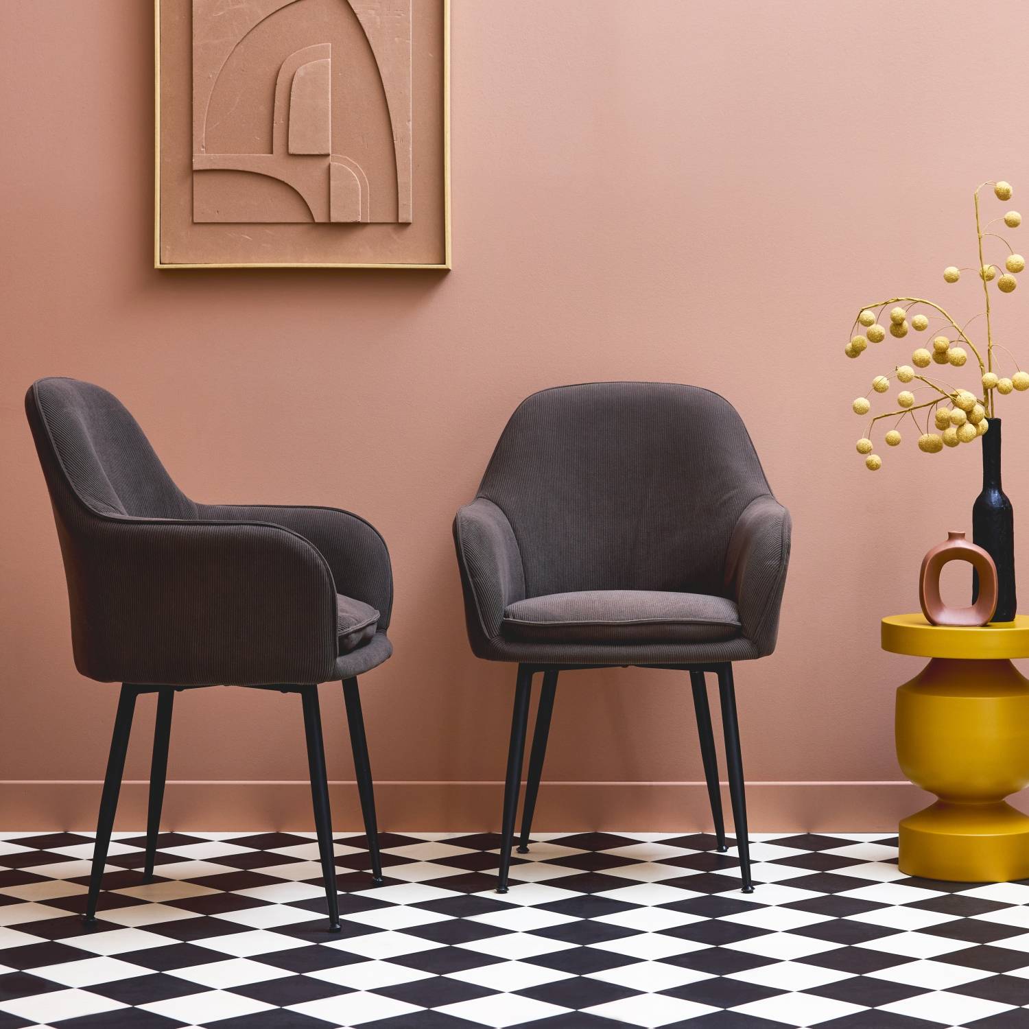 sweeek - Lot de 2 fauteuils en velours côtelé gris foncé et pieds en métal noir mat. L 57 x P 59 x H 84.5 | sweeek - Image 1