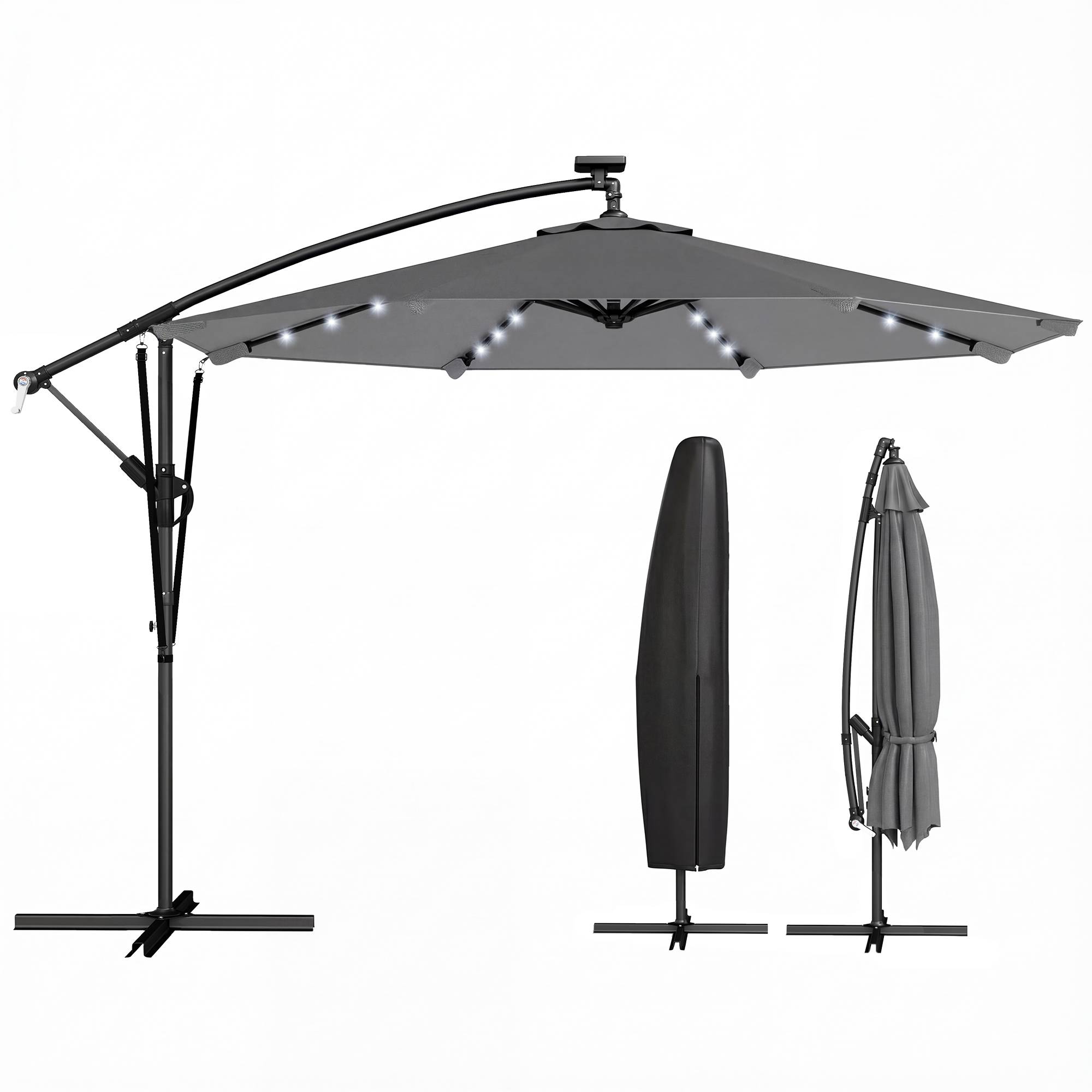 Parasol déporté LED en aluminium et polyester gris 304 x 260 x 245 cm - PANGIVO - Image 1