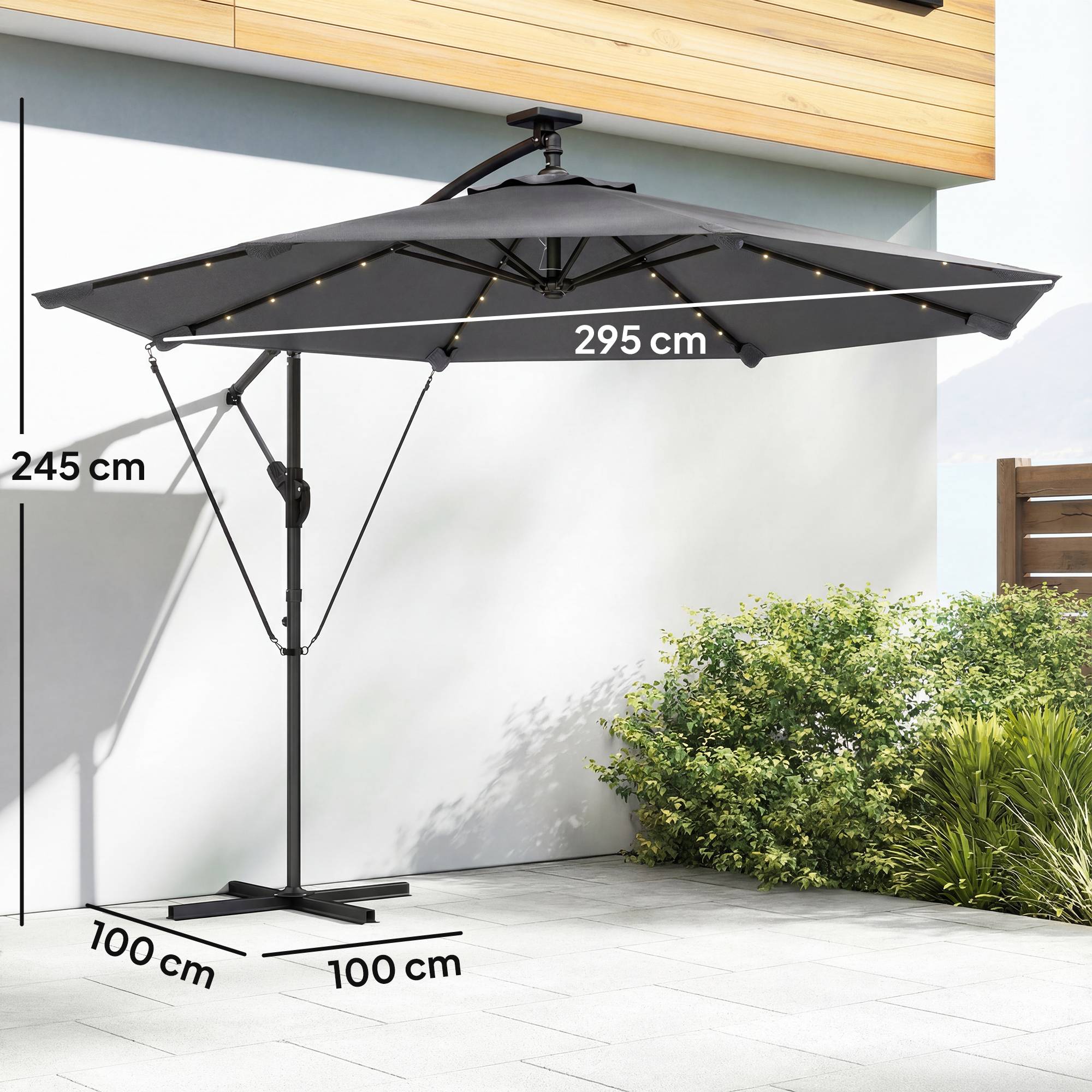 Parasol déporté LED en aluminium et polyester gris 304 x 260 x 245 cm - PANGIVO - Image 5