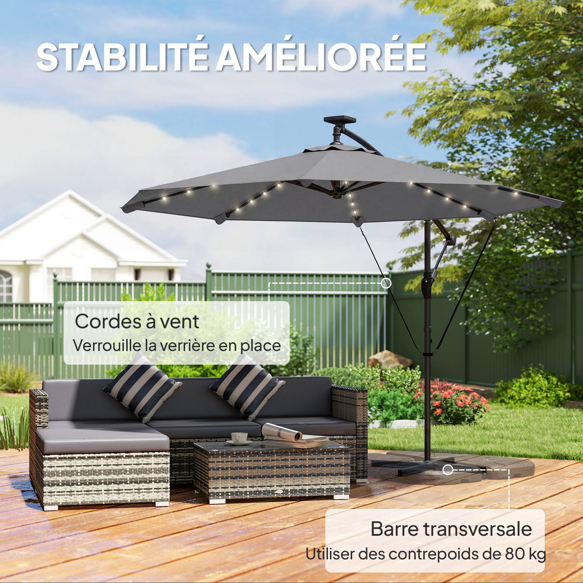 Parasol déporté LED en aluminium et polyester gris 304 x 260 x 245 cm - PANGIVO - Image 8