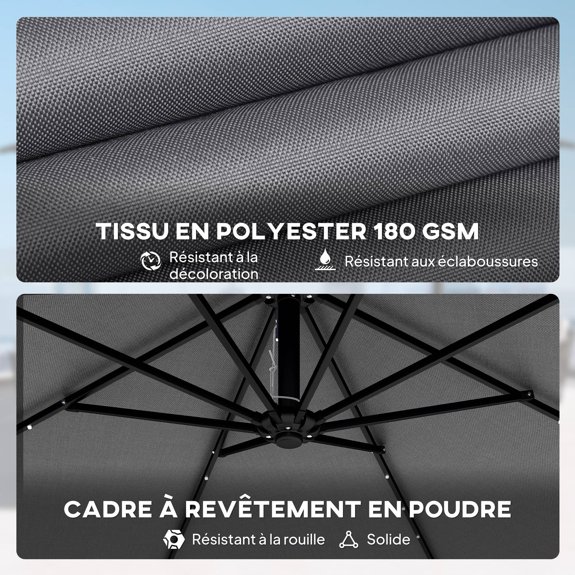 Parasol déporté LED en aluminium et polyester gris 304 x 260 x 245 cm - PANGIVO - Image 10