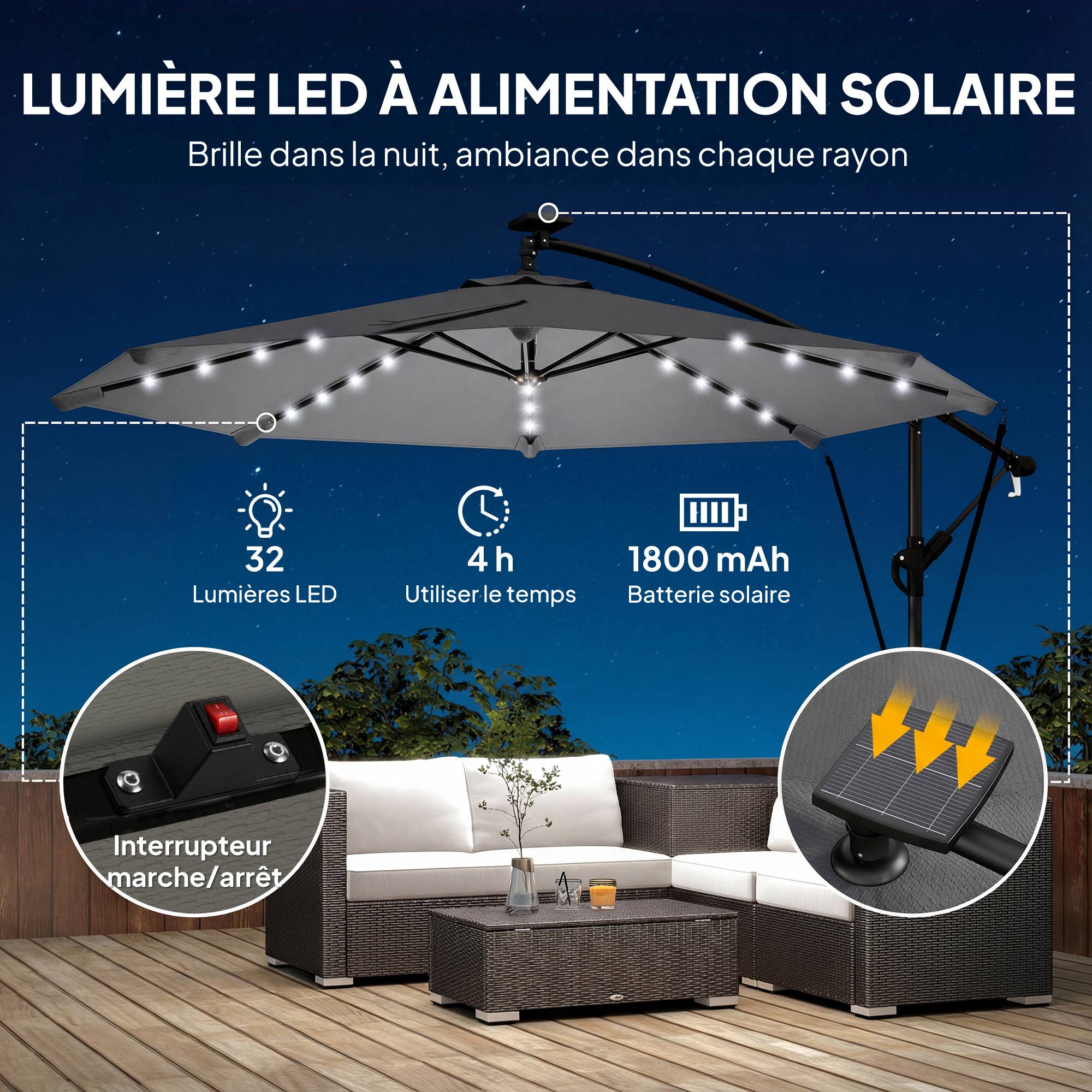 Parasol déporté LED en aluminium et polyester gris 304 x 260 x 245 cm - PANGIVO - Image 6