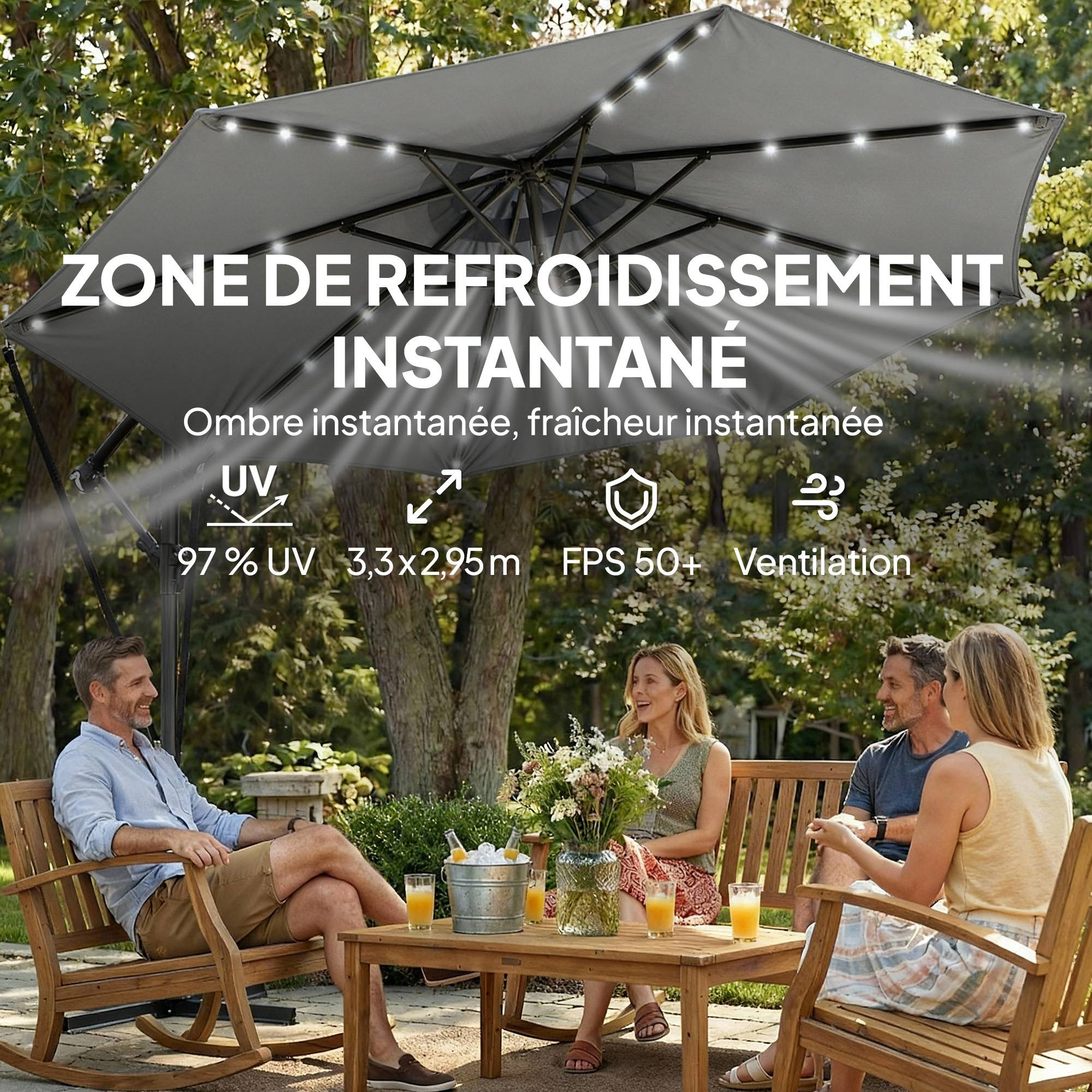 Parasol déporté LED en aluminium et polyester gris 304 x 260 x 245 cm - PANGIVO - Image 9