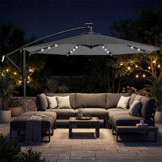 Parasol déporté LED en aluminium et polyester gris 304 x 260 x 245 cm - PANGIVO - Image 3