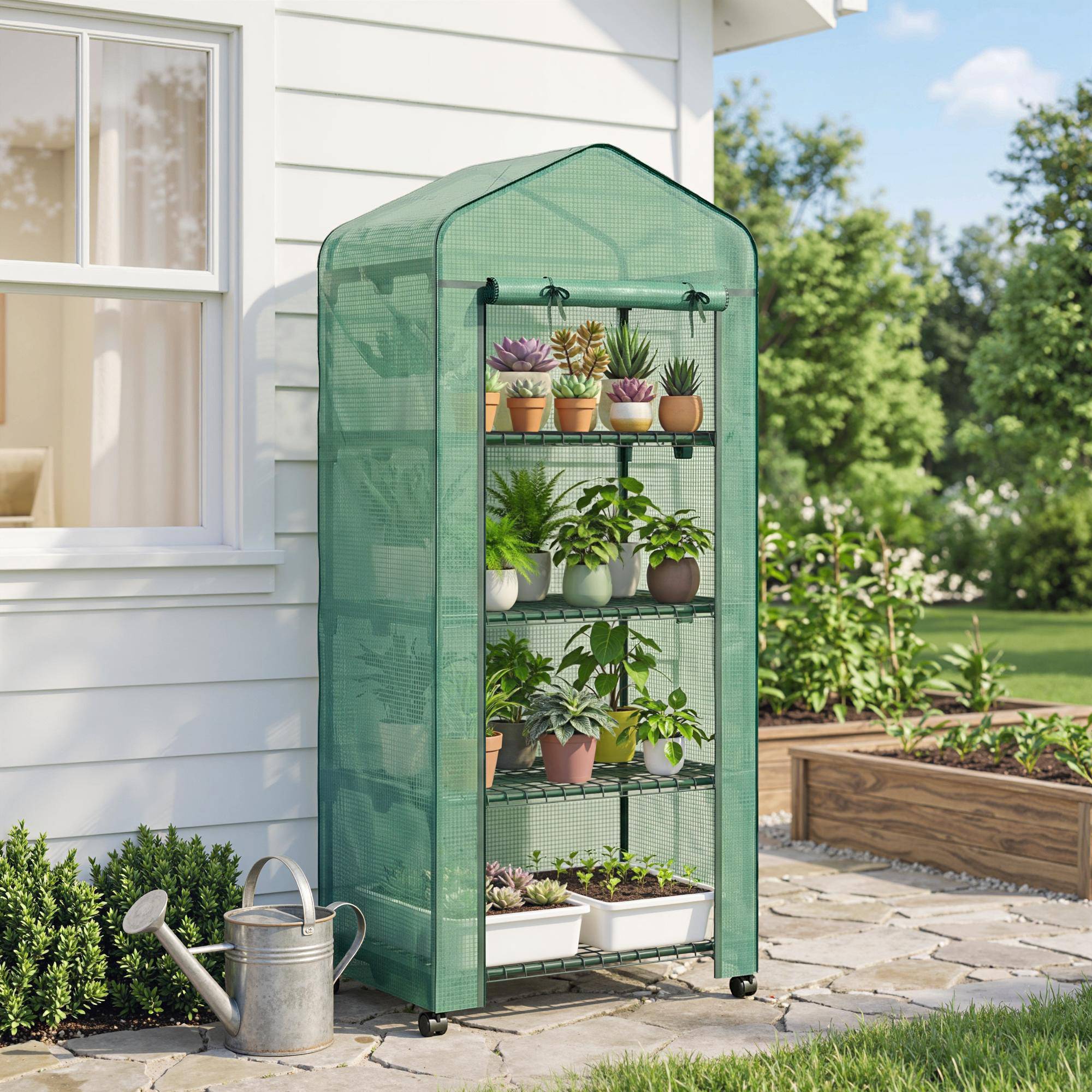 Mini serre de balcon acier plastique verte 4 étagères porte zippée 69x50x165cm - ComfortXL Outdoor Living - Image 4