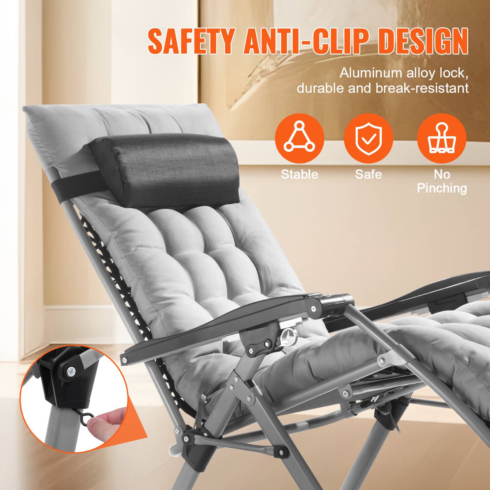 Vevor - VEVOR Fauteuil inclinable zéro gravité 645 mm, charge 226,8 kg, coussin. Gris. - Image 5