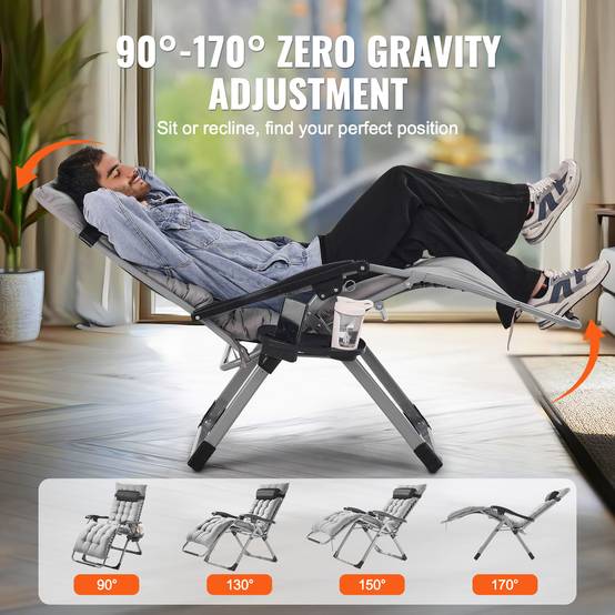 Vevor - VEVOR Fauteuil inclinable zéro gravité 645 mm, charge 226,8 kg, coussin. Gris. - Image 3