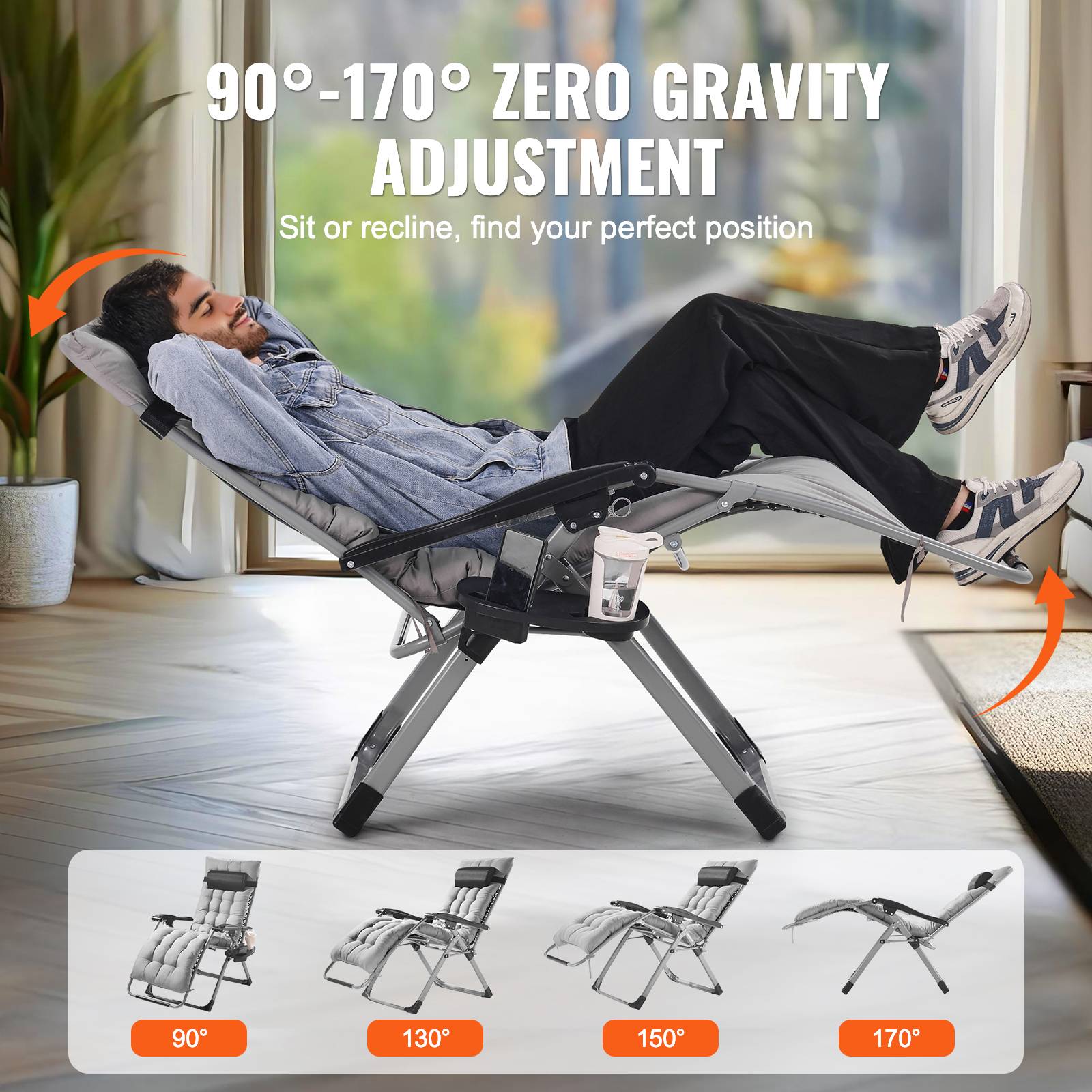 Vevor - VEVOR Fauteuil inclinable zéro gravité 645 mm, charge 226,8 kg, coussin. Gris. - Image 3