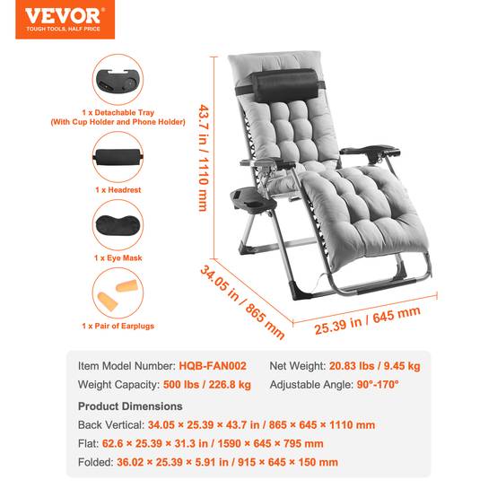 Vevor - VEVOR Fauteuil inclinable zéro gravité 645 mm, charge 226,8 kg, coussin. Gris. - Image 7