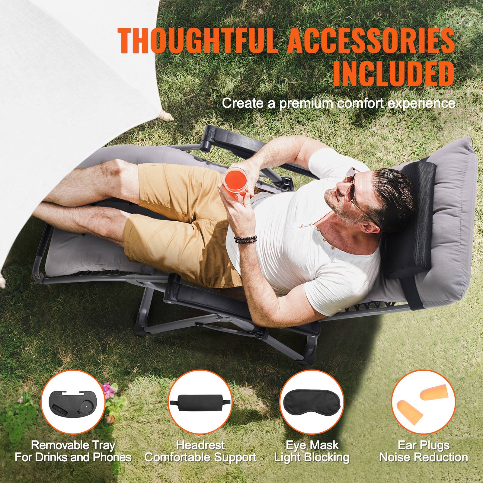 Vevor - VEVOR Fauteuil inclinable zéro gravité 645 mm, charge 226,8 kg, coussin. Gris. - Image 6