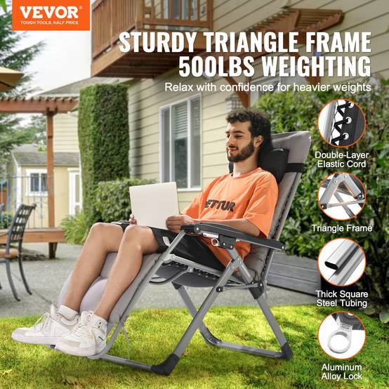 Vevor - VEVOR Fauteuil inclinable zéro gravité 645 mm, charge 226,8 kg, coussin. Gris. - Image 2