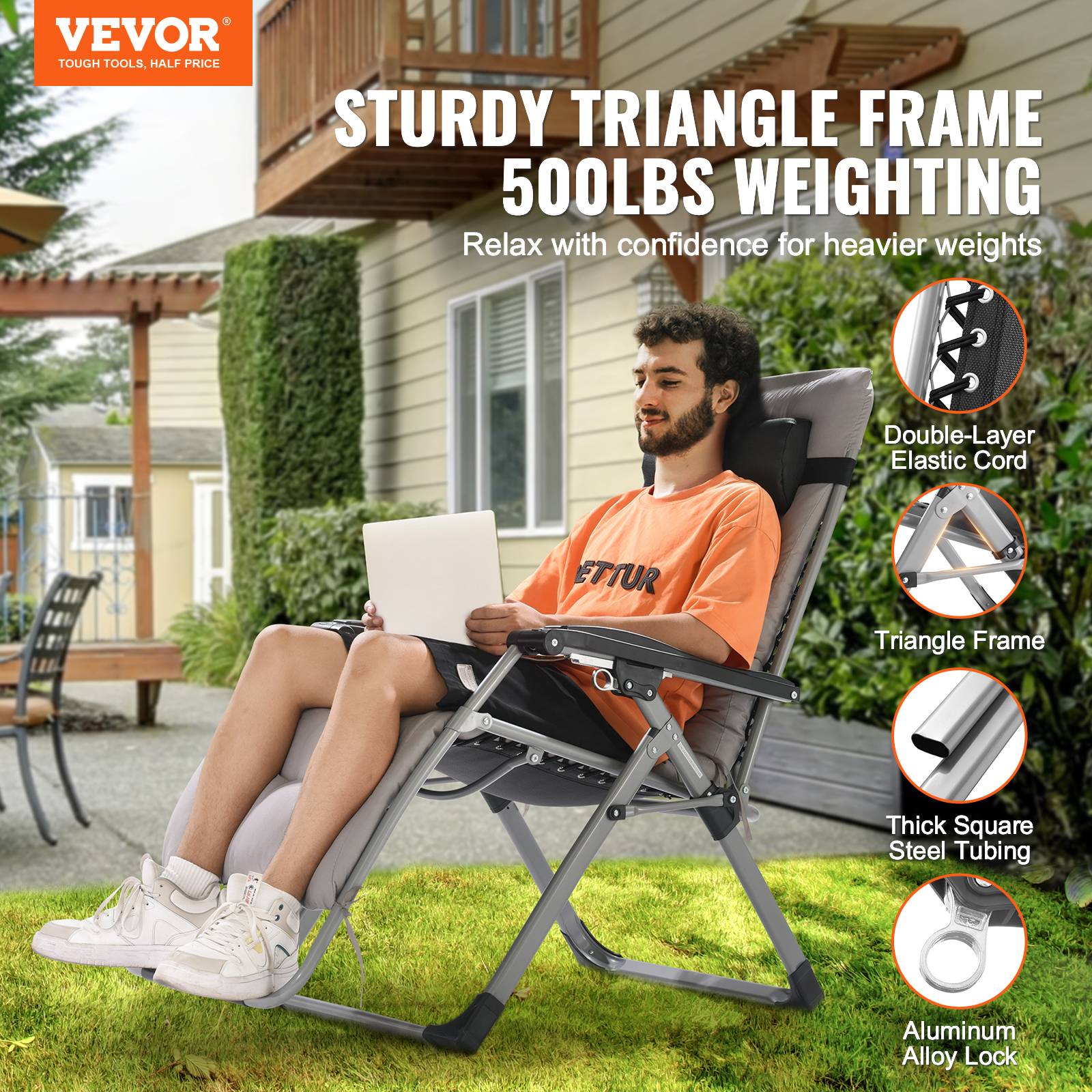 Vevor - VEVOR Fauteuil inclinable zéro gravité 645 mm, charge 226,8 kg, coussin. Gris. - Image 2