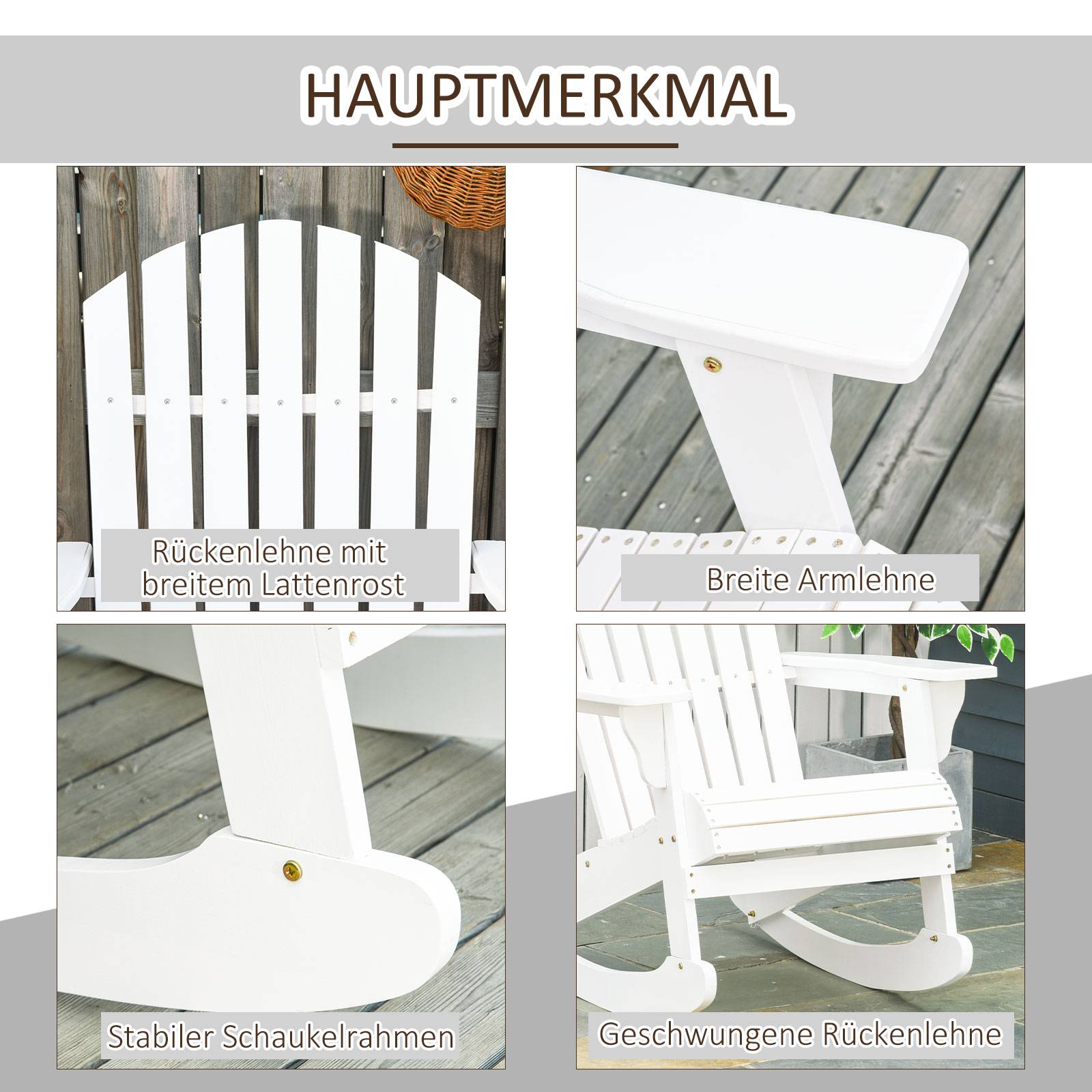 Fauteuil à bascule Adirondack bois massif pour jardin dossier ergonomique 77x94cm blanc - ComfortXL Outdoor Living - Image 6