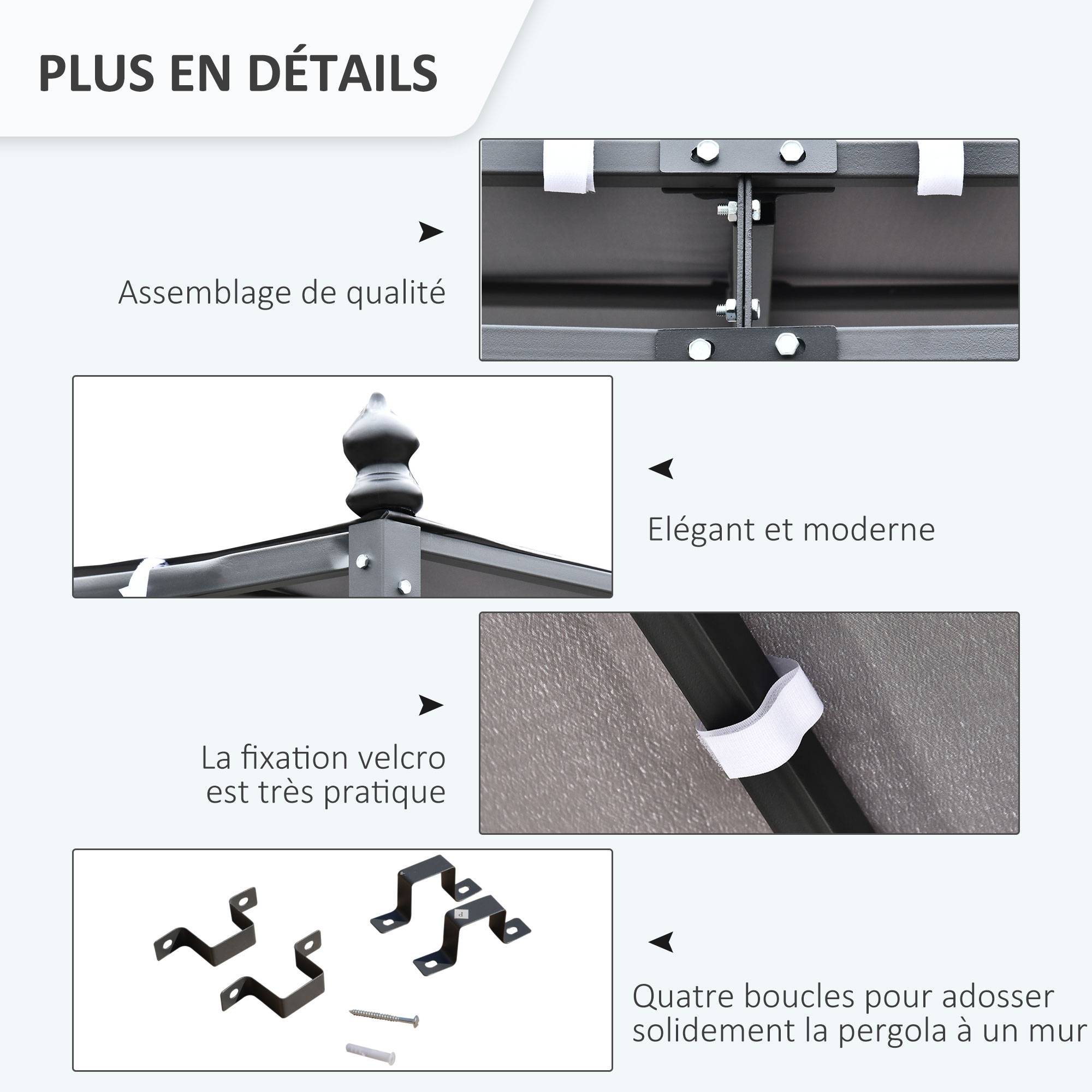 Pergola Adossée Métal Jardin Terrasse Protection Solaire Anti-UV 3x3m Gris - ComfortXL Outdoor Living - Image 7