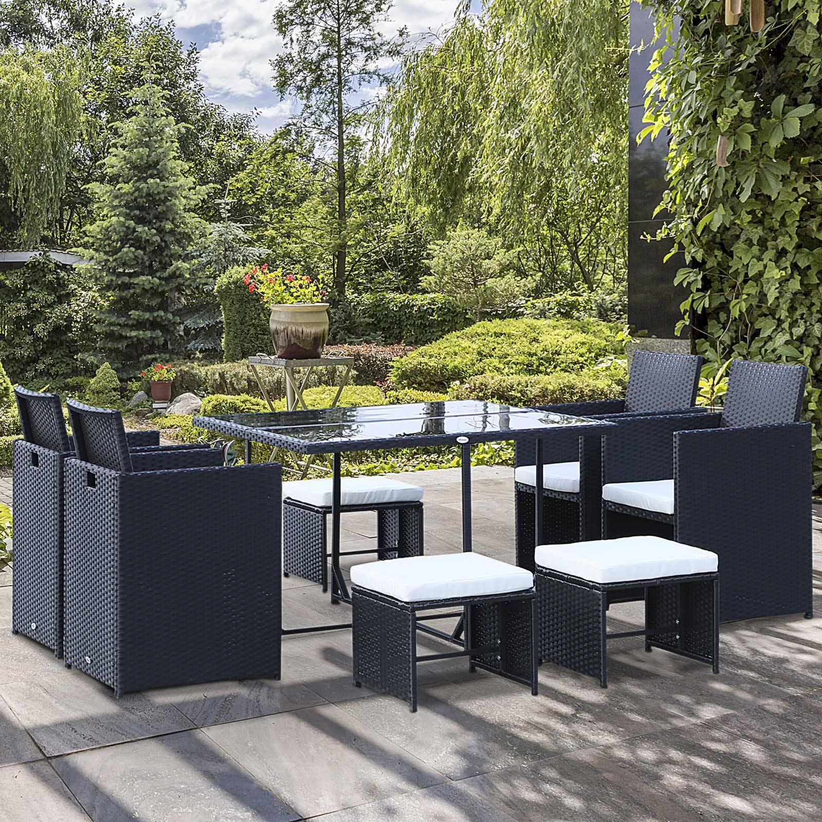 ComfortXL - Salon de jardin 8 places en résine tressée noir et blanc avec table chaises et tabourets gain de place